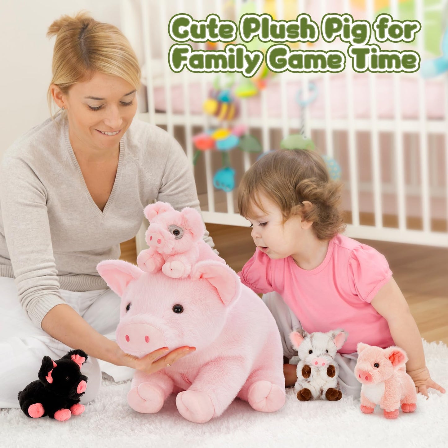 BENINY Pink Mama Pig Plush with 4 Piglets | 16-Inch Zippered Tummy Toy