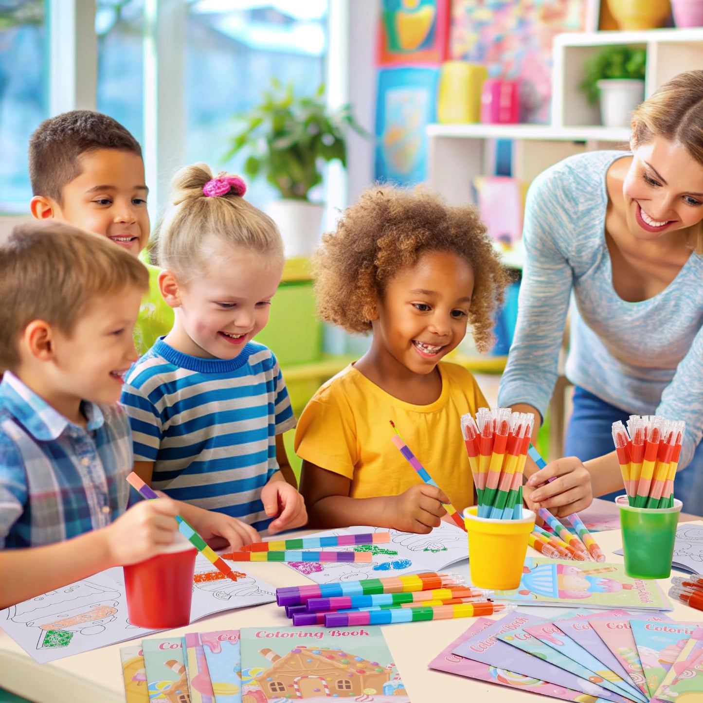 BenLouis 24 Sweet Mini Coloring Books with Stacking Crayons – Candyland Donut Party Favors