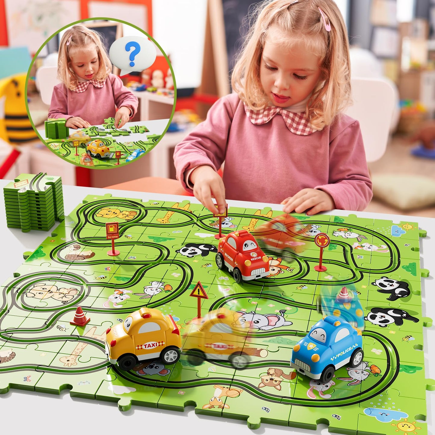 Bennol 73-Piece Jigsaw Puzzle Race Track Car Set for Kids 2-6 | Toddler Toy Gift