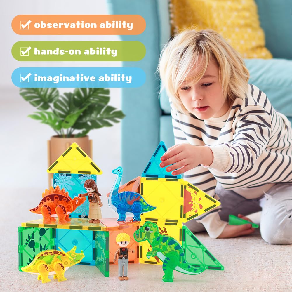BENOKER Dinosaur Magnetic Tiles - 3D STEM Building Blocks for Kids 3-8