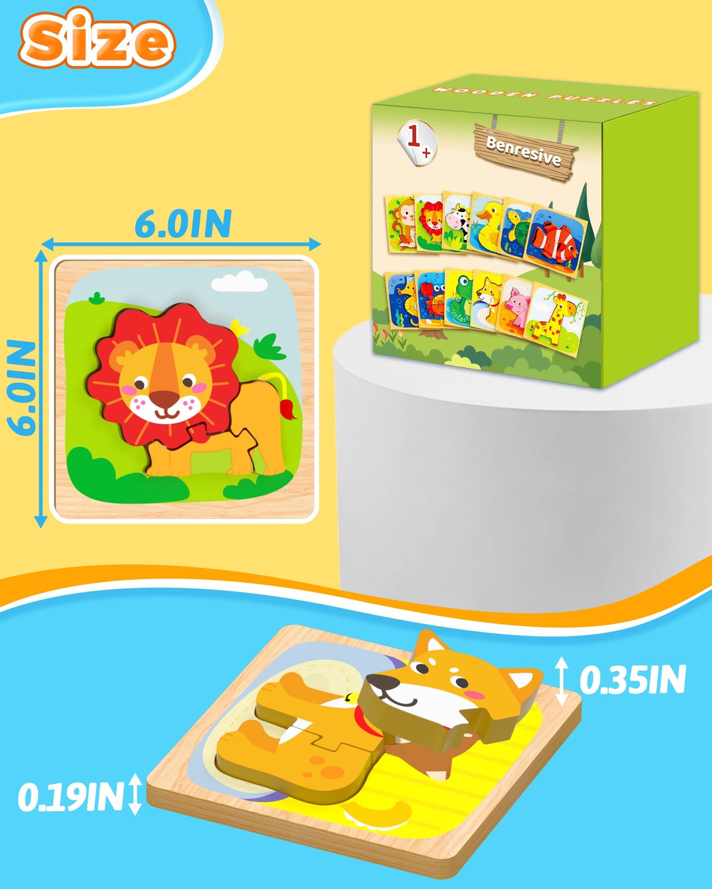 Benresive Wooden Toddler Puzzles — 12-Piece Animal Montessori Toys for 1-3 Year Olds