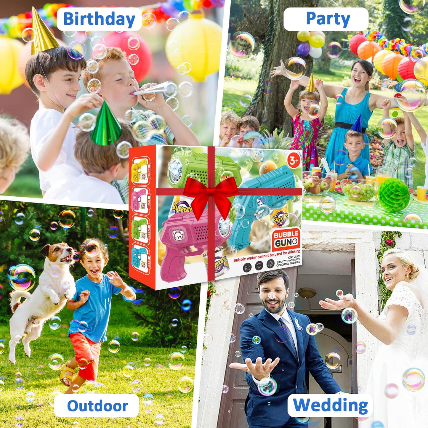 Beria Bubble Guns 3-Pack with Bubble Solution | Light-Up Bubble Blasters for Kids