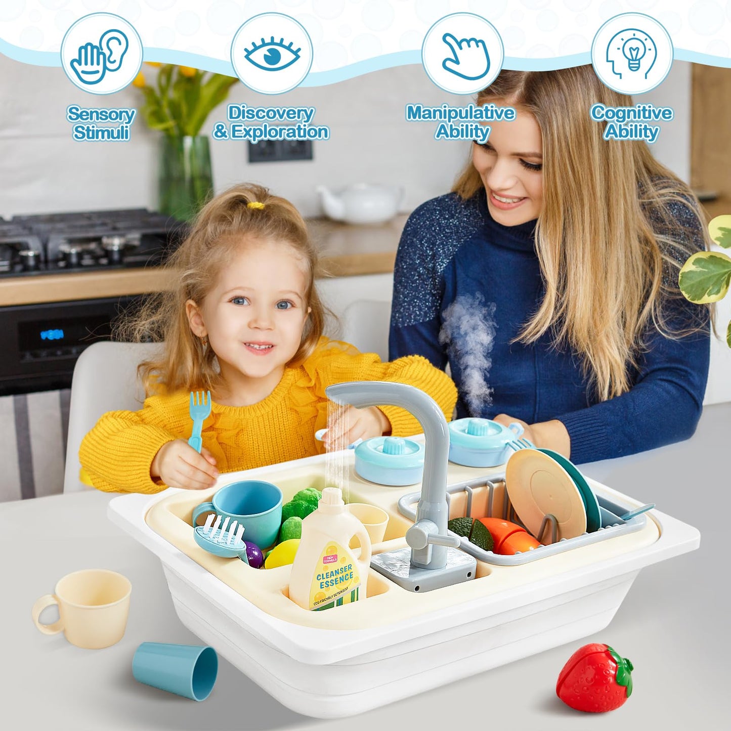 Beright Play Kitchen Sink Toys with Upgraded Faucet – Pretend Water Fun for Toddlers