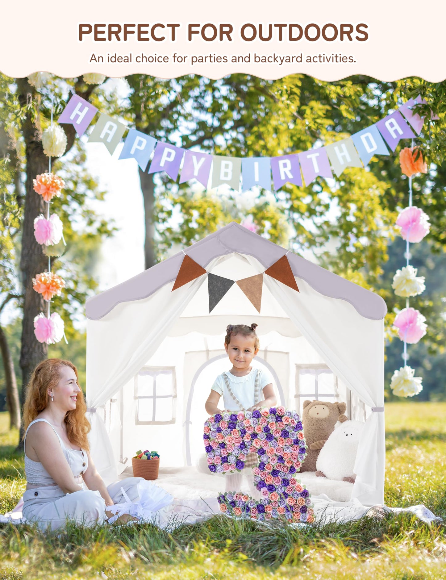 Besrey Kids Play Tent 2-in-1 with Padded Mat & Lights – Large Indoor/Outdoor Playhouse, 51 x 35 x 51 in (Purple)