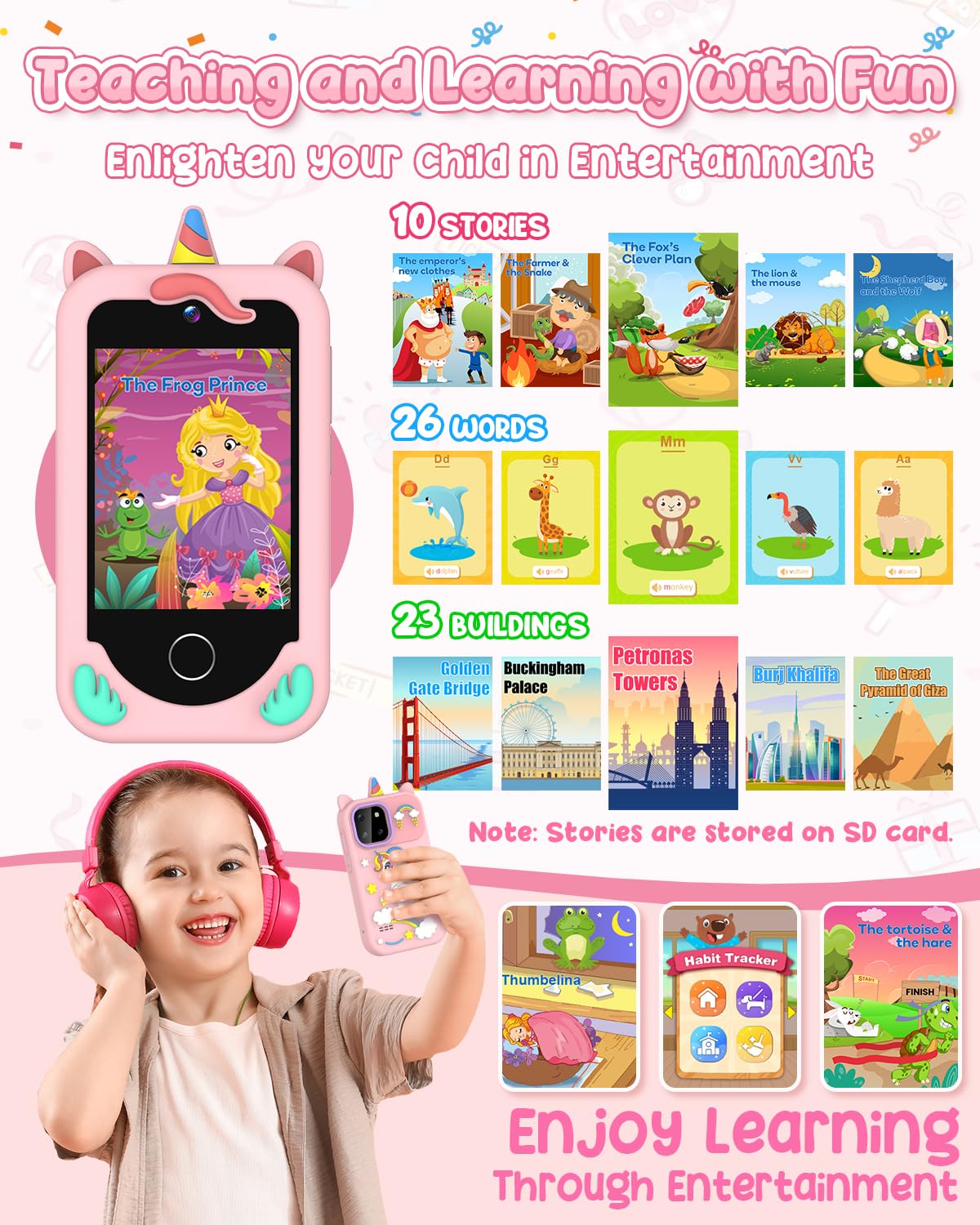 BESTOONE Kids' Phone Toy - Safe No Internet Smartphone for 3-8 Year Olds | HD Camera, MP3 & Learning Games