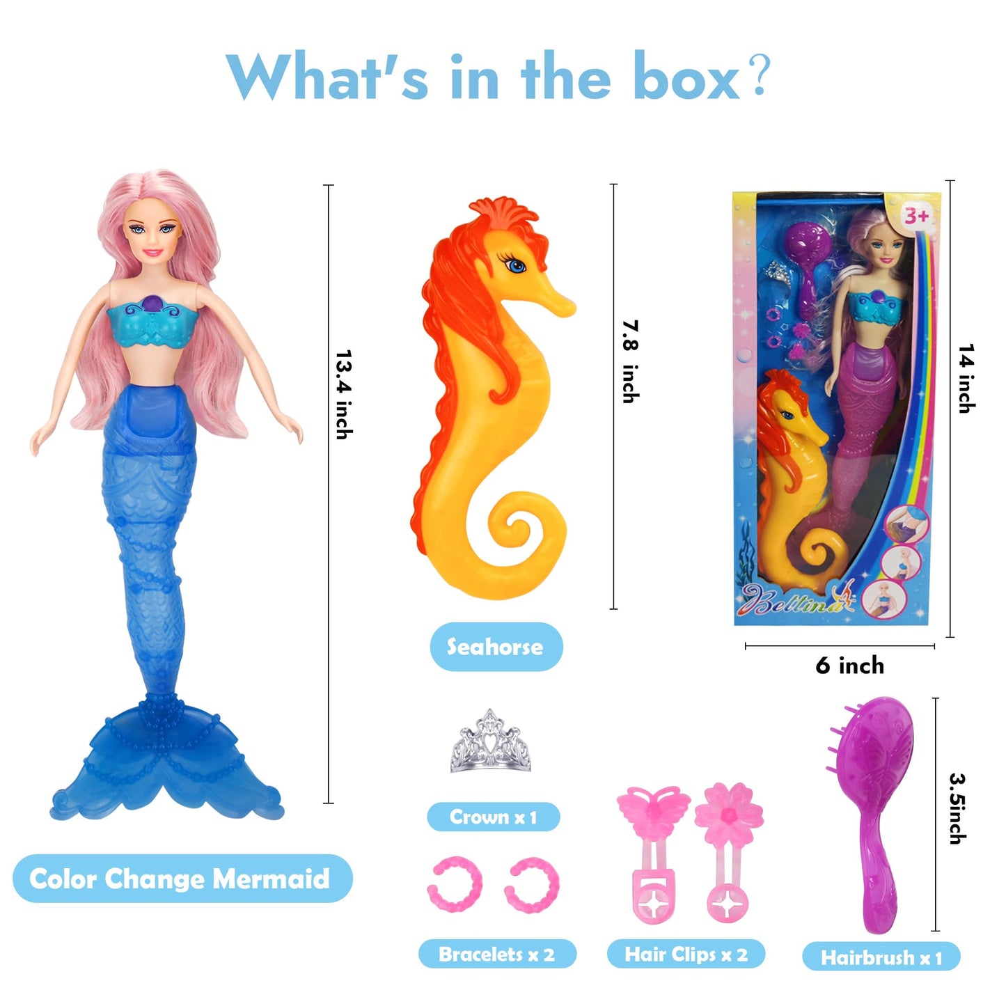 BETTINA Color-Changing Mermaid Doll with Seahorse — Transforming Tail & Purple Hair (12in) Gift for Girls 3-7