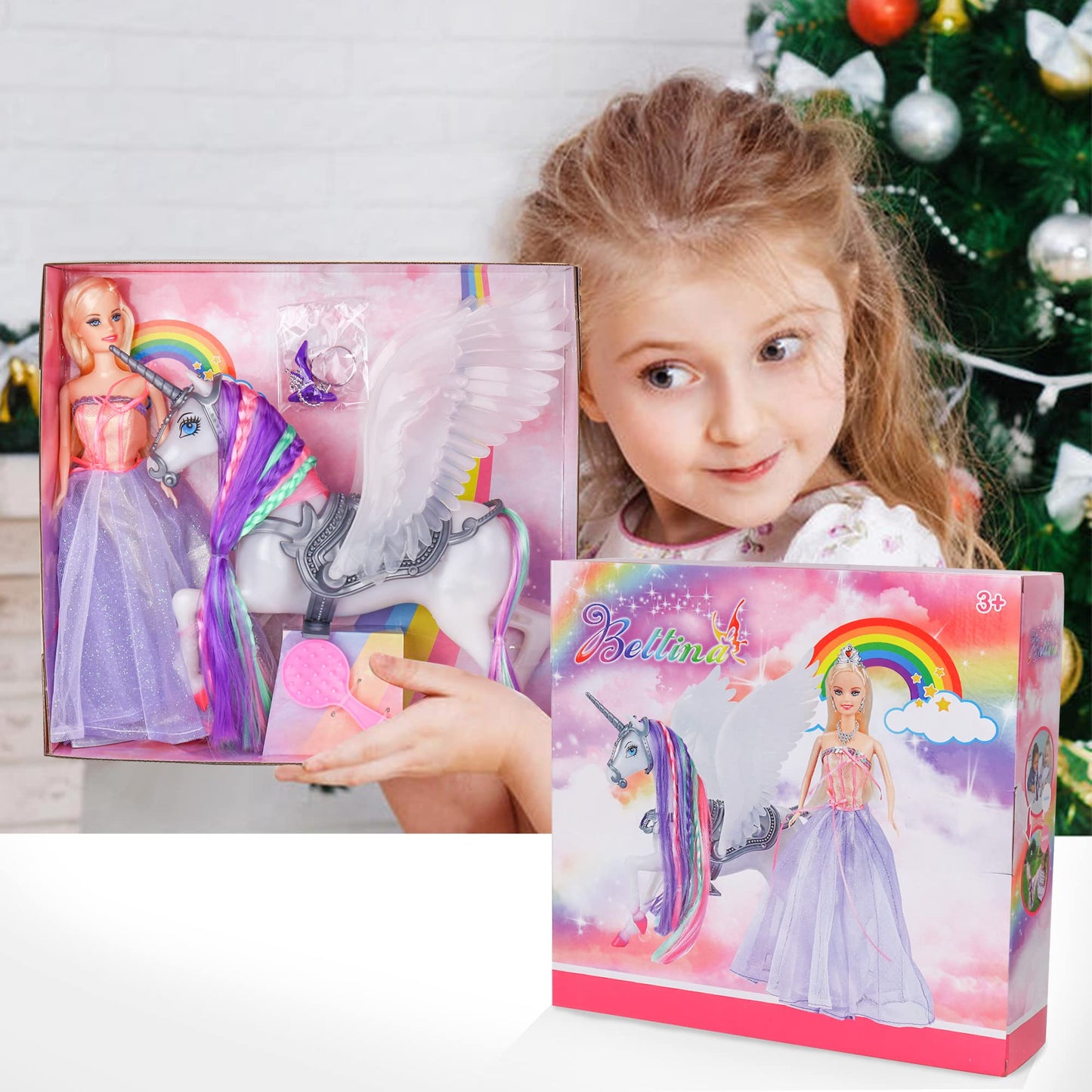 BETTINA Color Changing Unicorn & Princess Doll — 11.5'' Playset with Detachable Saddle & Wings