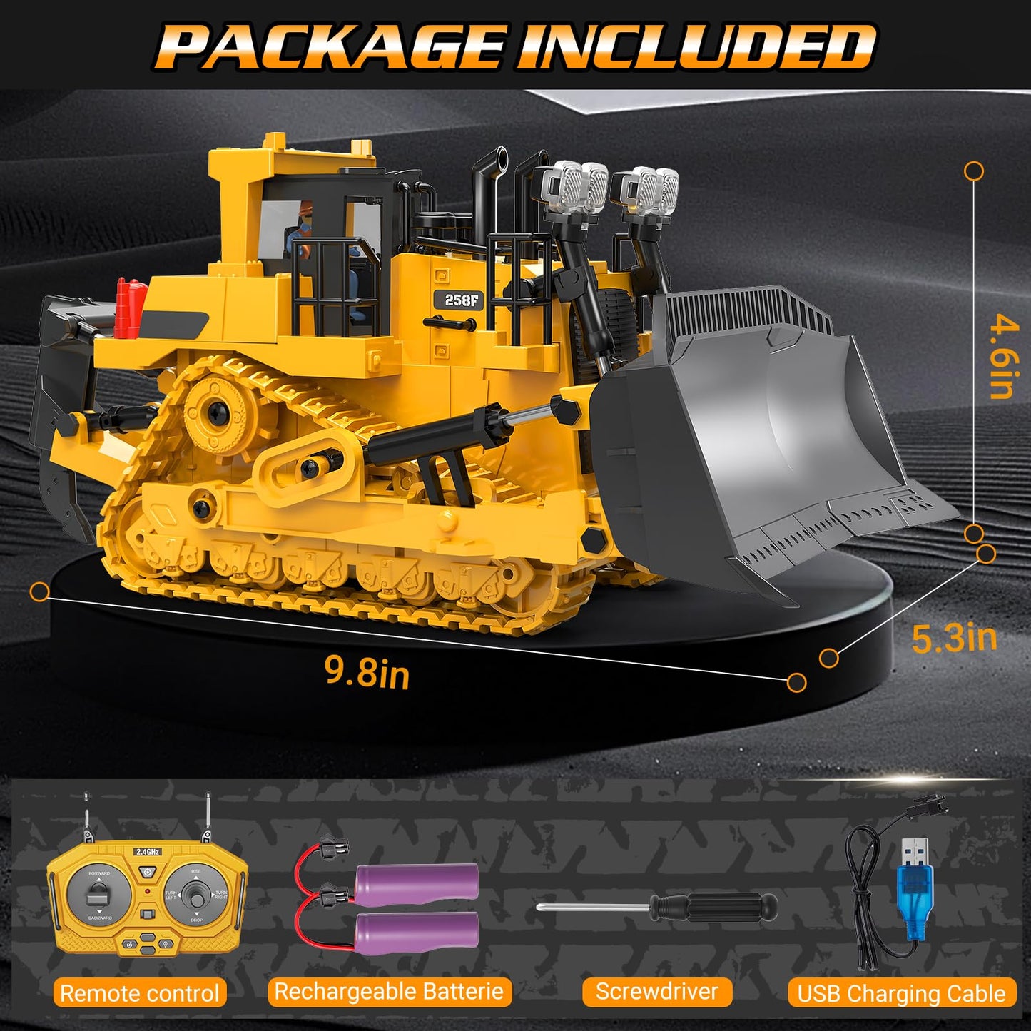 BEWEAI RC Bulldozer Toy – 9-Channel 2.4GHz Remote, Metal Blade, Lights & All-Terrain Tracks