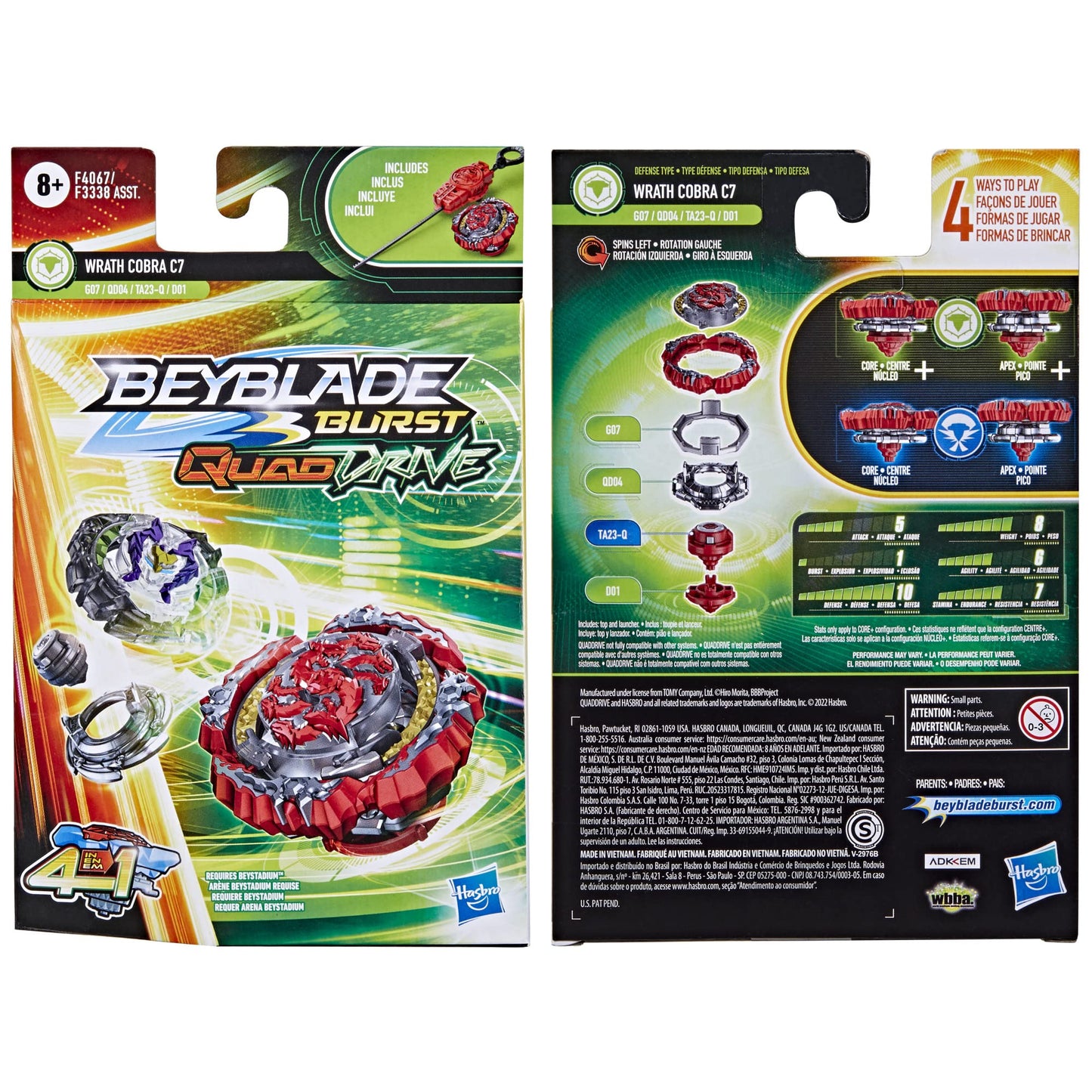 Beyblade Burst QuadDrive Wrath Cobra C7 Starter Pack – 4-in-1 Top + Launcher for Defense/Attack