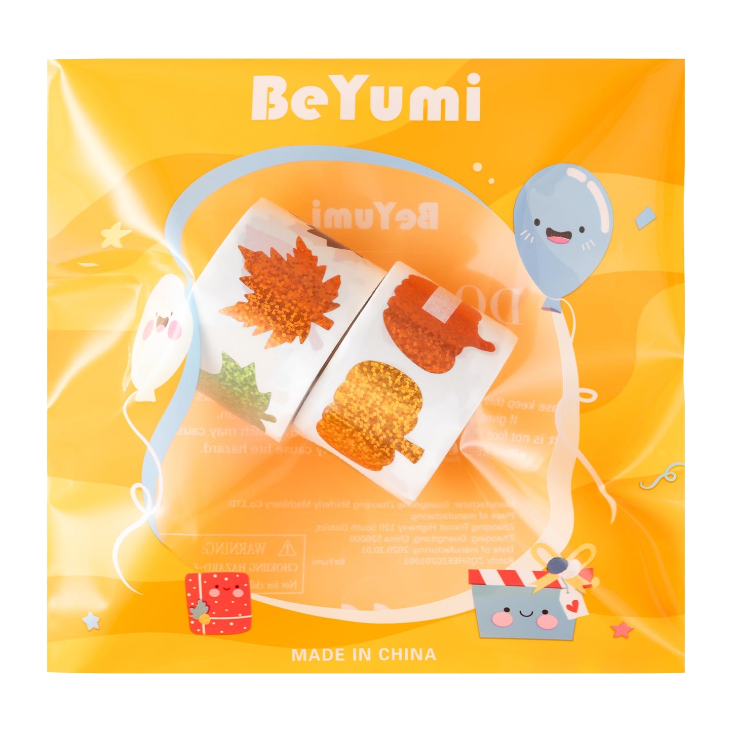 BeYumi Fall Pumpkin Leaves Sticker Set – 1000 Pcs, 2 Rolls, Holographic Autumn Decor for Kids