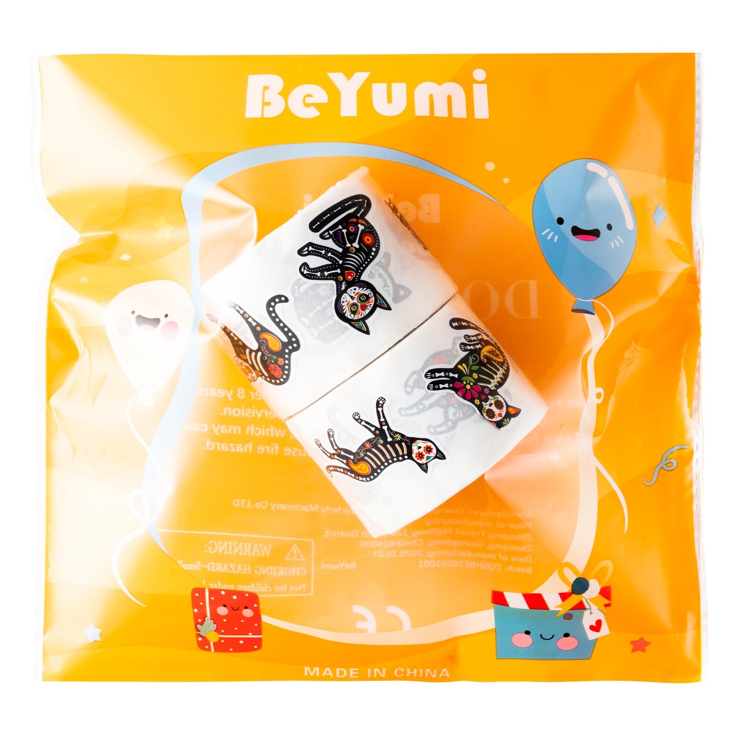 BeYumi Skeleton Cat Roll Stickers – 1000 Pcs, 2 Rolls for Dia de Los Muertos & Halloween