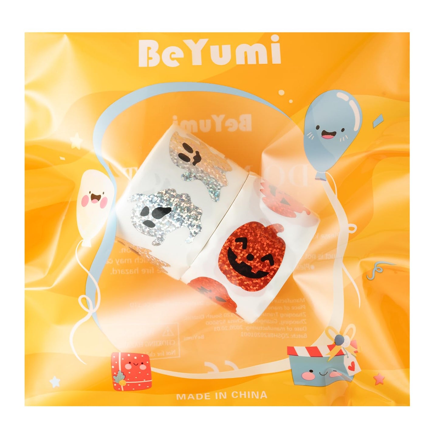 BeYumi Halloween Pumpkin Ghost Stickers – 1000Pcs, Laser Holographic Vinyl, 2 Rolls, 16 Shapes