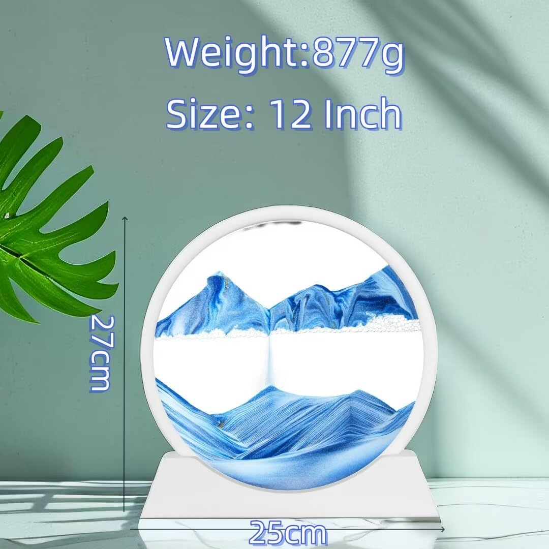 BGFJYUK Moving Sand Art Picture – 12-Inch Round Tempered Glass, Blue 3D Deep Sea Sandscapes