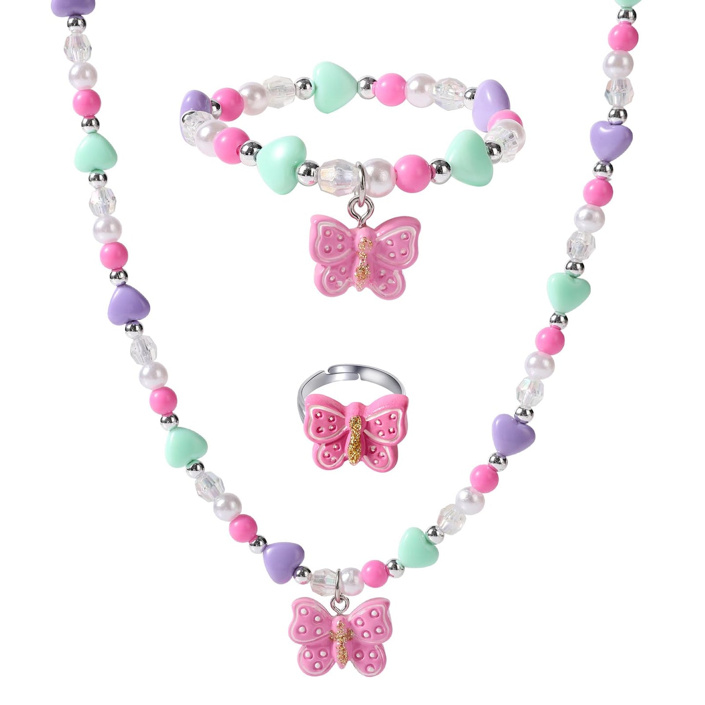 BGSHEMNI Girls Butterfly Jewelry Set — Necklace, Bracelet & Ring for Toddlers (Ages 3+)