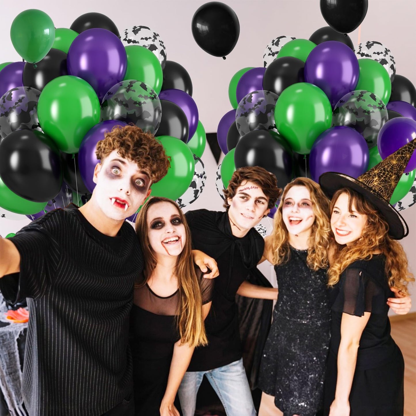 Biapian Halloween Balloons – 12in Bat-Printed Latex Balloons in Green, Black & Purple
