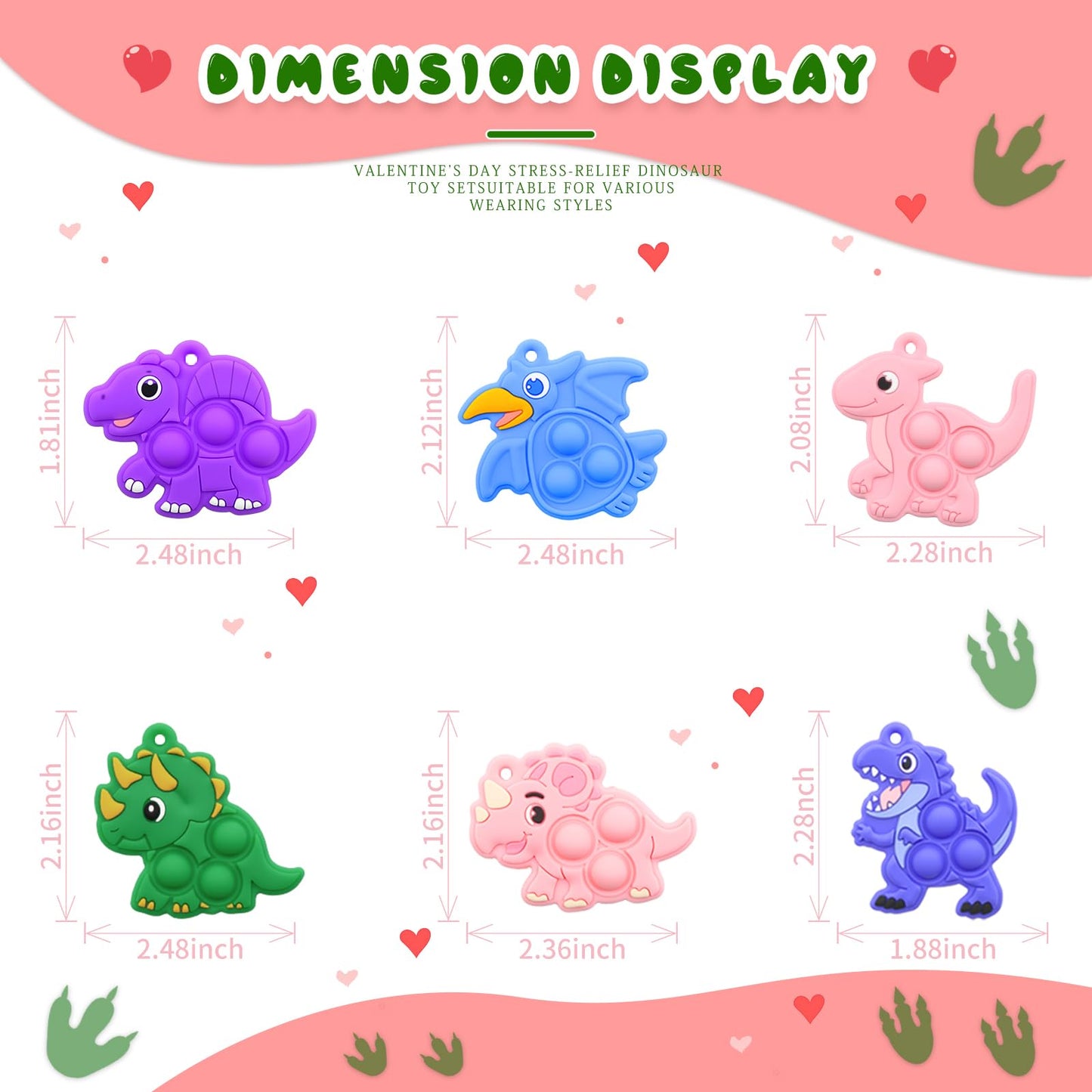 BicMan 30Pcs Valentines Dinosaur Pop Keychains with Cards - Classroom Gift Set
