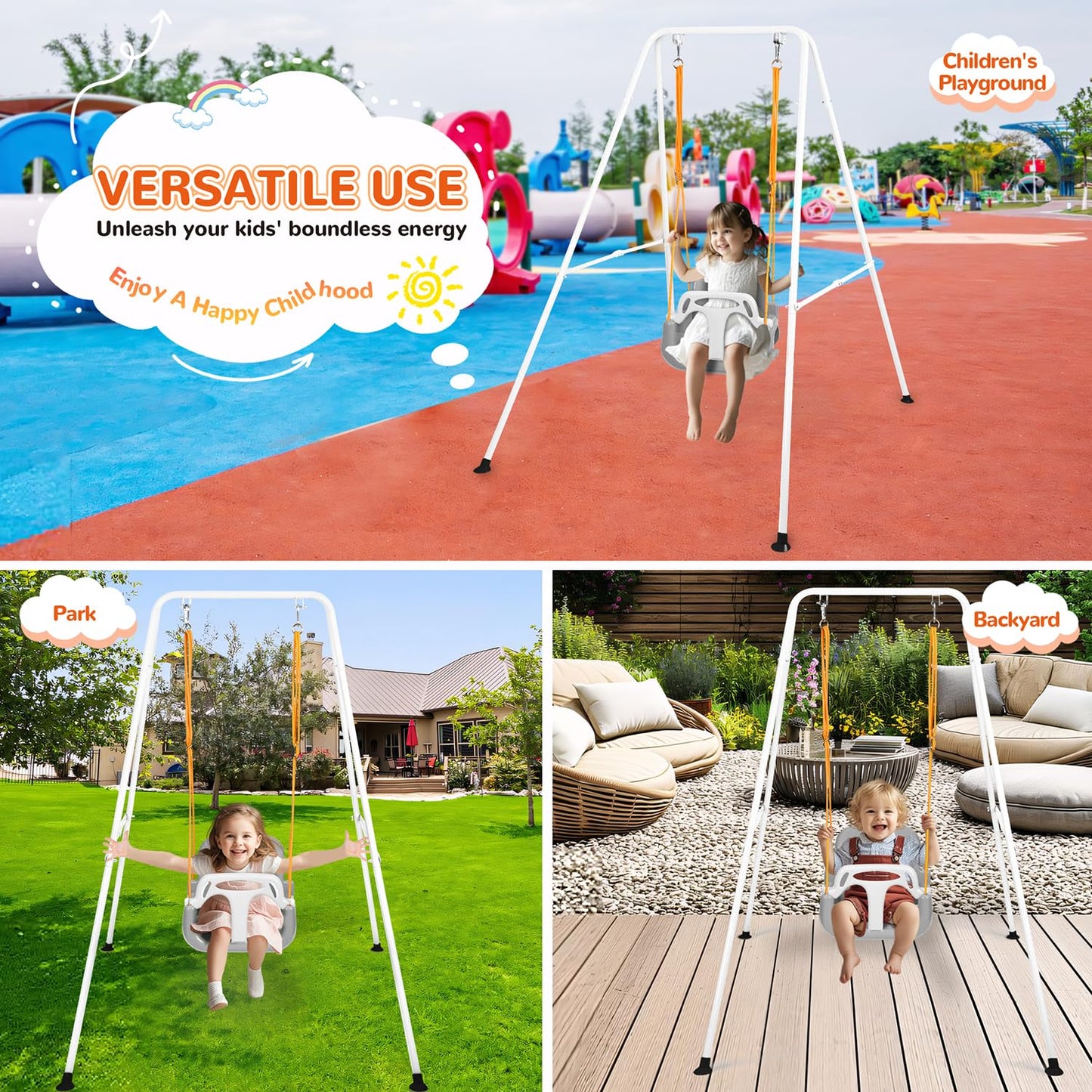 Bighaki808 3-in-1 Toddler Swing Set – Indoor/Outdoor, Foldable Stand, 6 Months–10 Years (White)