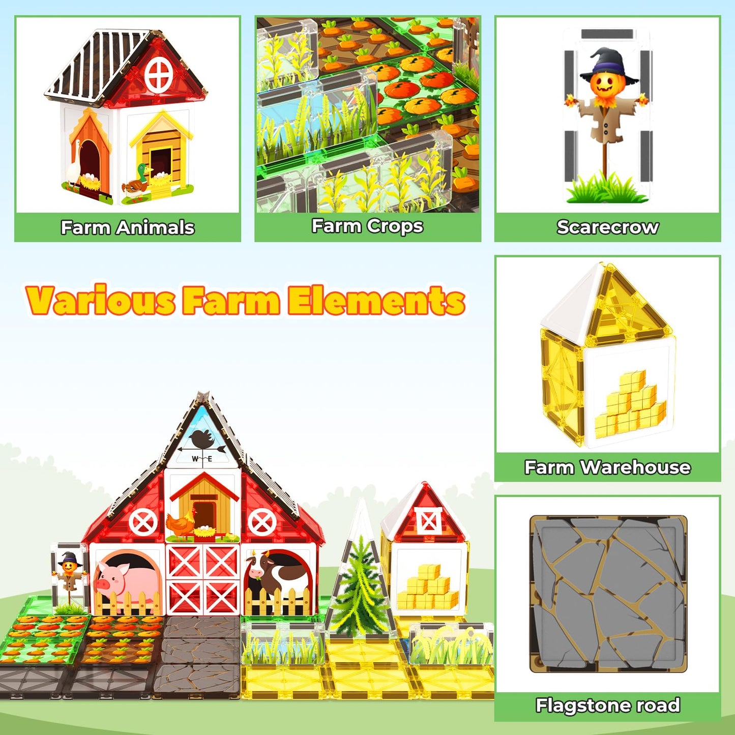 BigShu Magnetic Tiles Farm Animal Toys Set – Montessori STEM Blocks for 3+ Kids