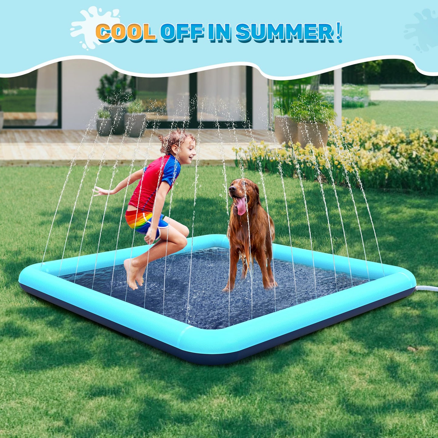 Bilibara 87'' Splash Pad for Dogs & Kids – Non-Slip, Adjustable Water, Foldable Square Backyard Teal