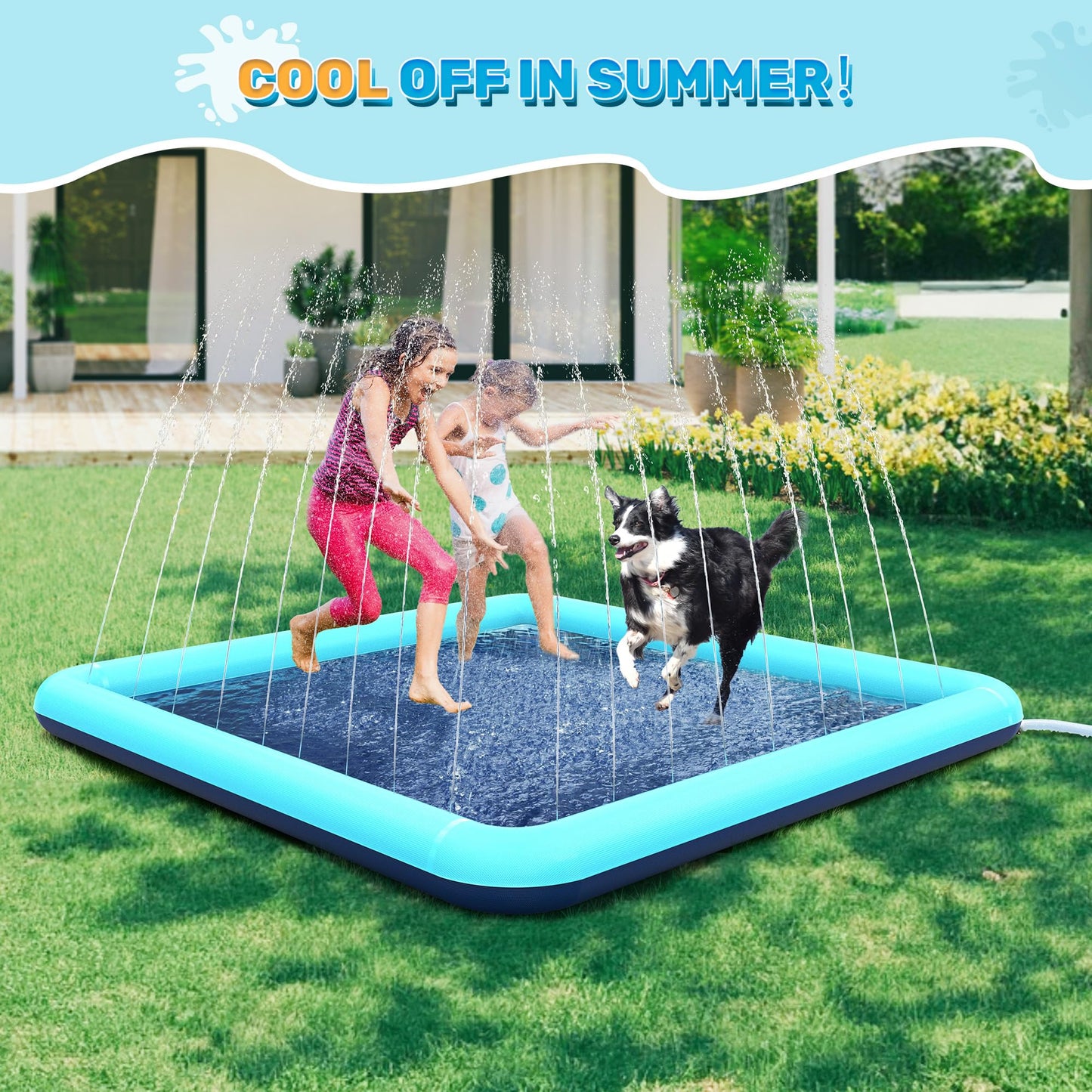 Bilibara 97-Inch Splash Pad for Dogs - Non-Slip Square Backyard Water Toy (Teal)