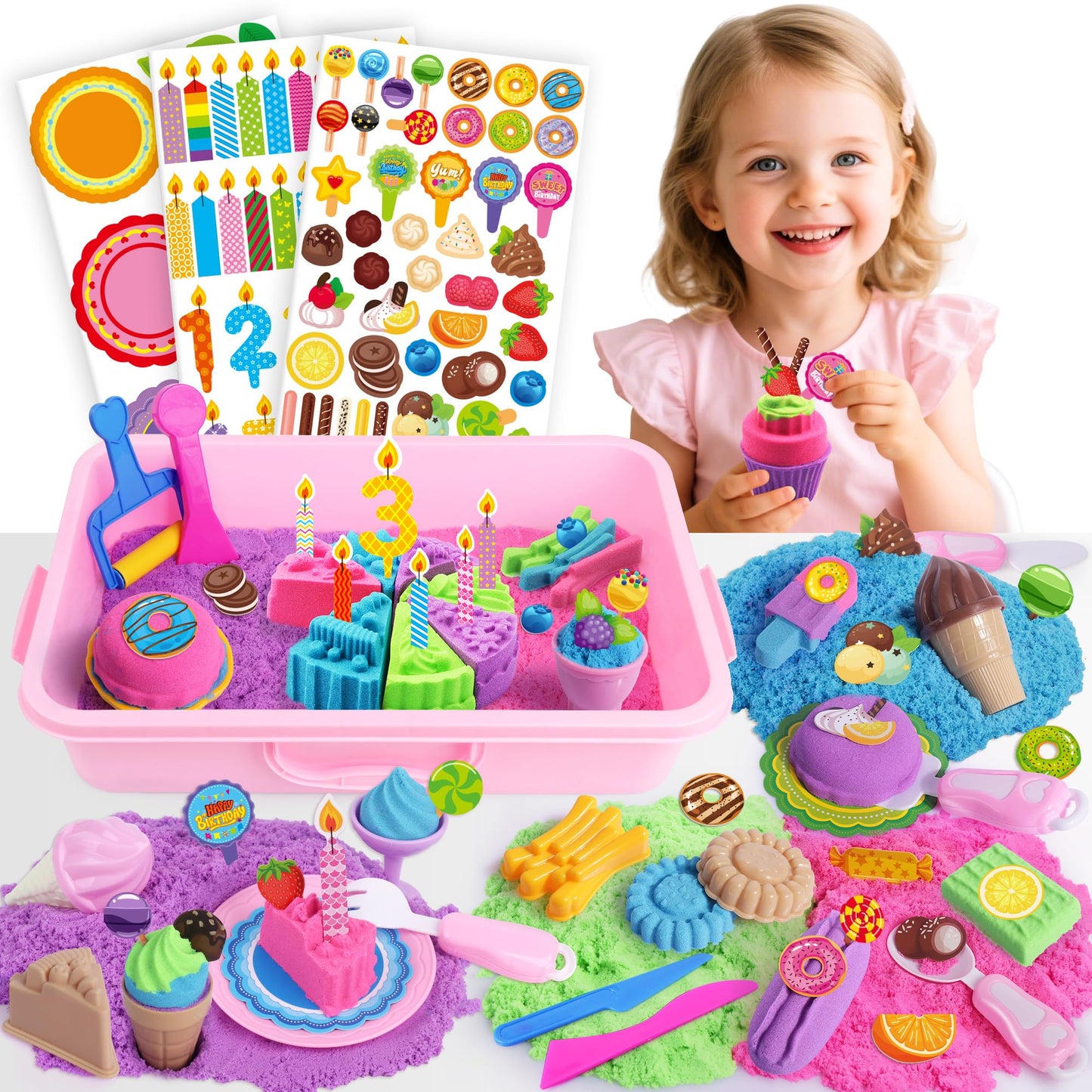 Billeeit Cake & Ice Cream Sensory Bin – 43pc Sand Toy Set, 2.2lb Moldable Sand, Lidded Sandbox