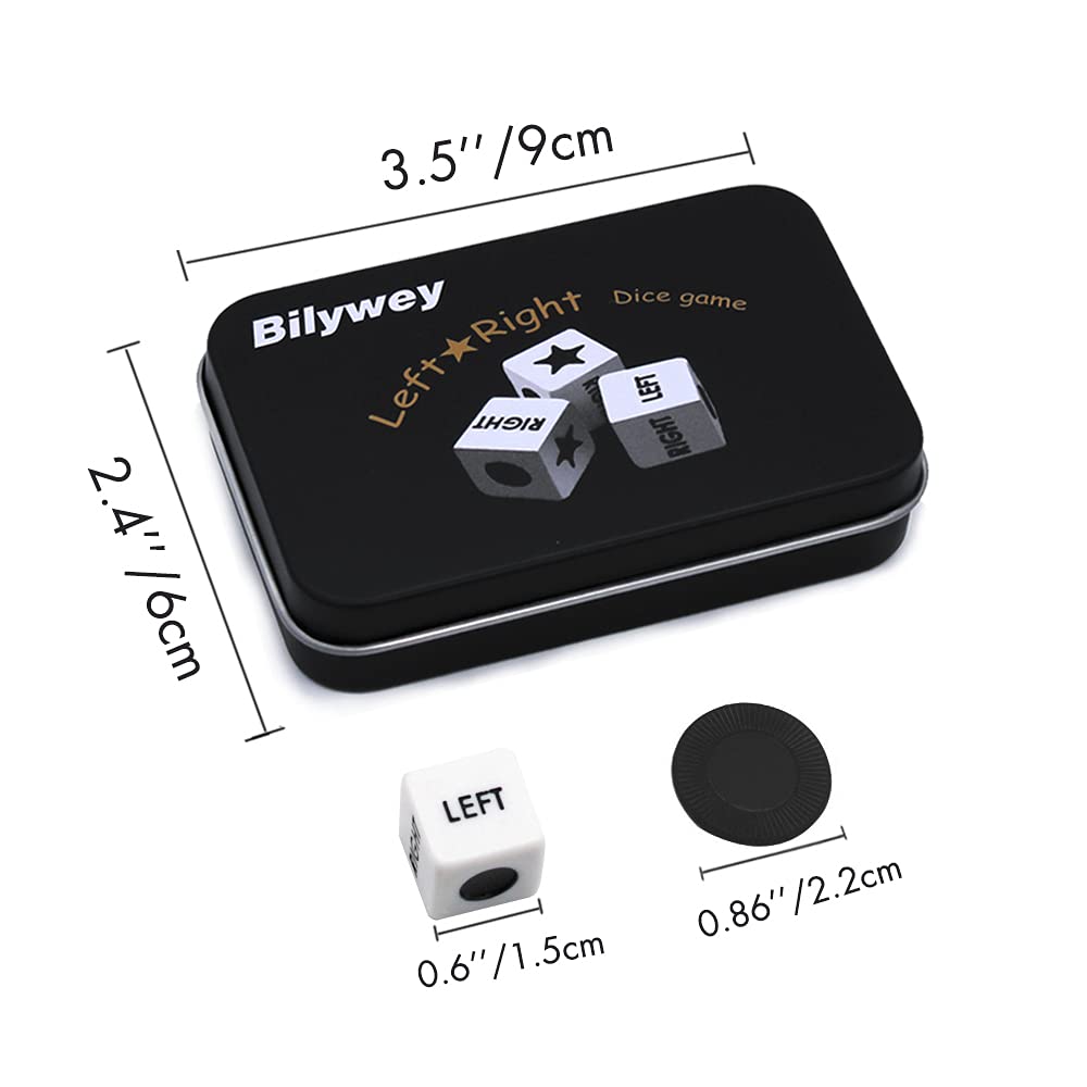 Bilywey Left Right Center Dice Game Set - 3 Dice + 36 Black Chips (Metal Tin)