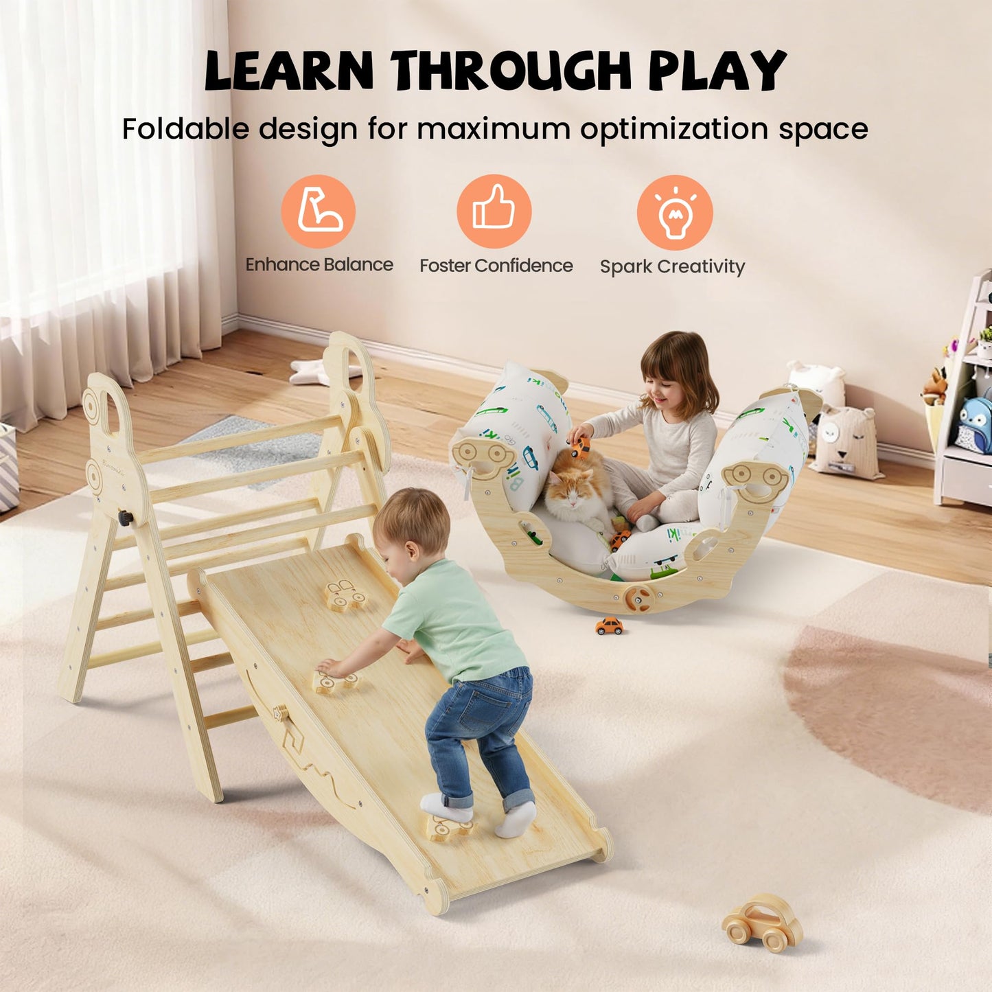 Bimomiki Pikler Triangle Climbing Set with Cushion - 10-in-1 Montessori Indoor Climber (Woodland Cabin)