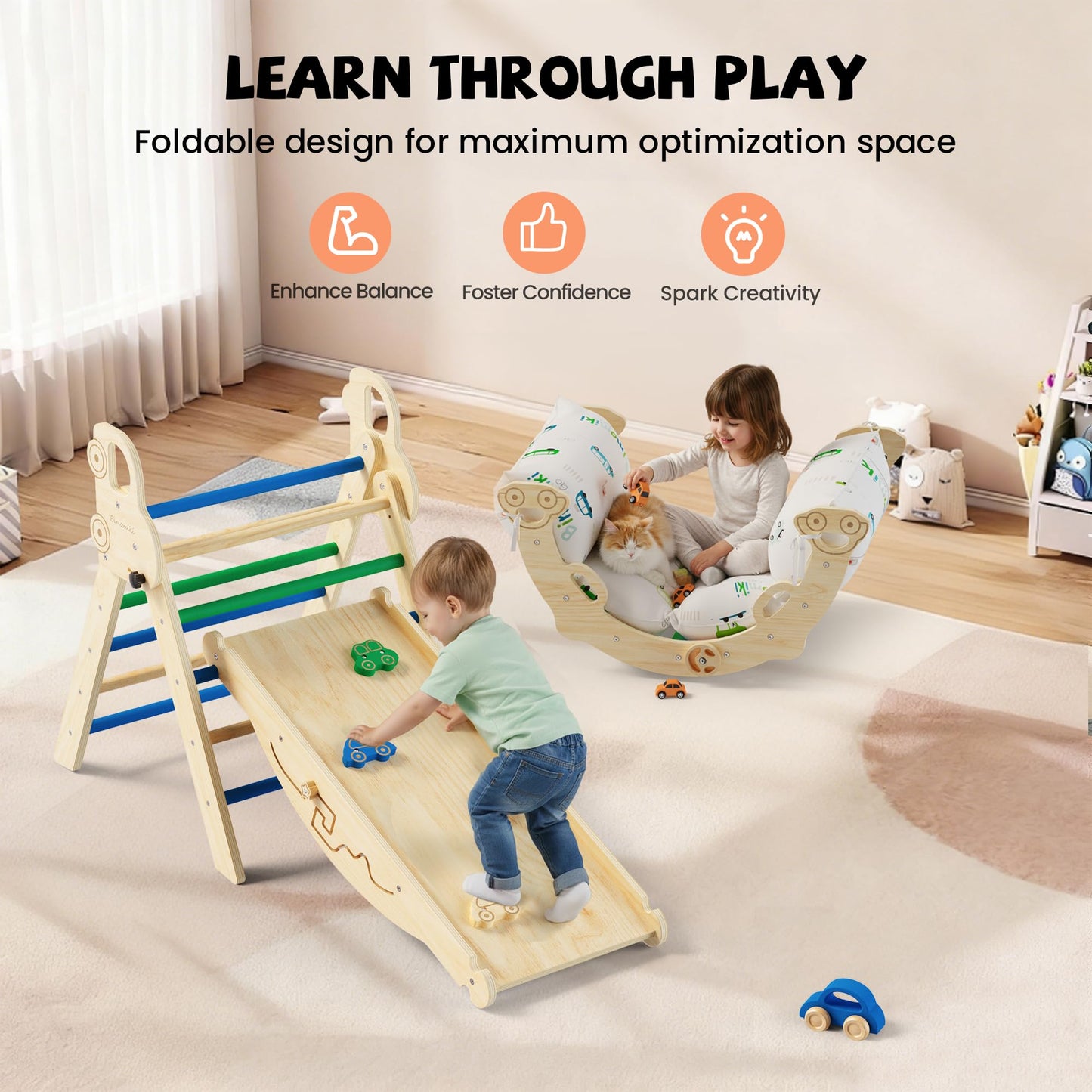 Bimomiki Pikler Triangle Climbing Set with Cushion – 10-in-1 Montessori Indoor Play Gym (Glacier Lake)