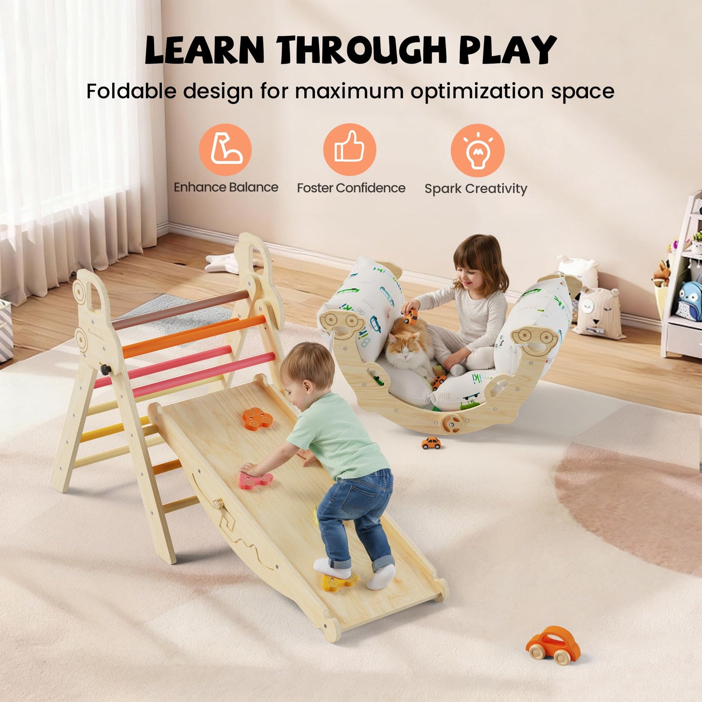 Bimomiki Pikler Triangle 10-in-1 Climber with Cushion | Foldable Indoor Montessori Toy (Sahara Sunset)