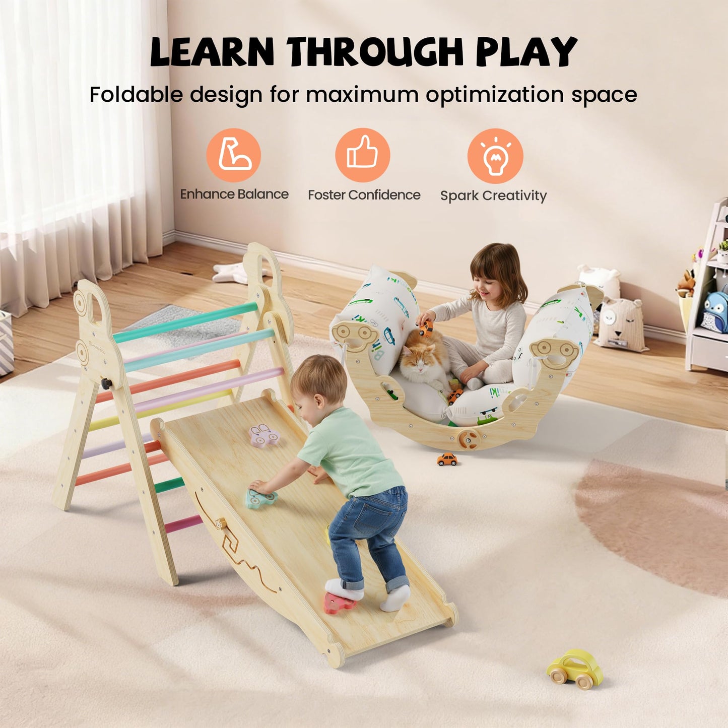 Bimomiki Pikler Triangle Climbing Set with Cushion | 10-in-1 Indoor Montessori Gym – Rainbow Valley