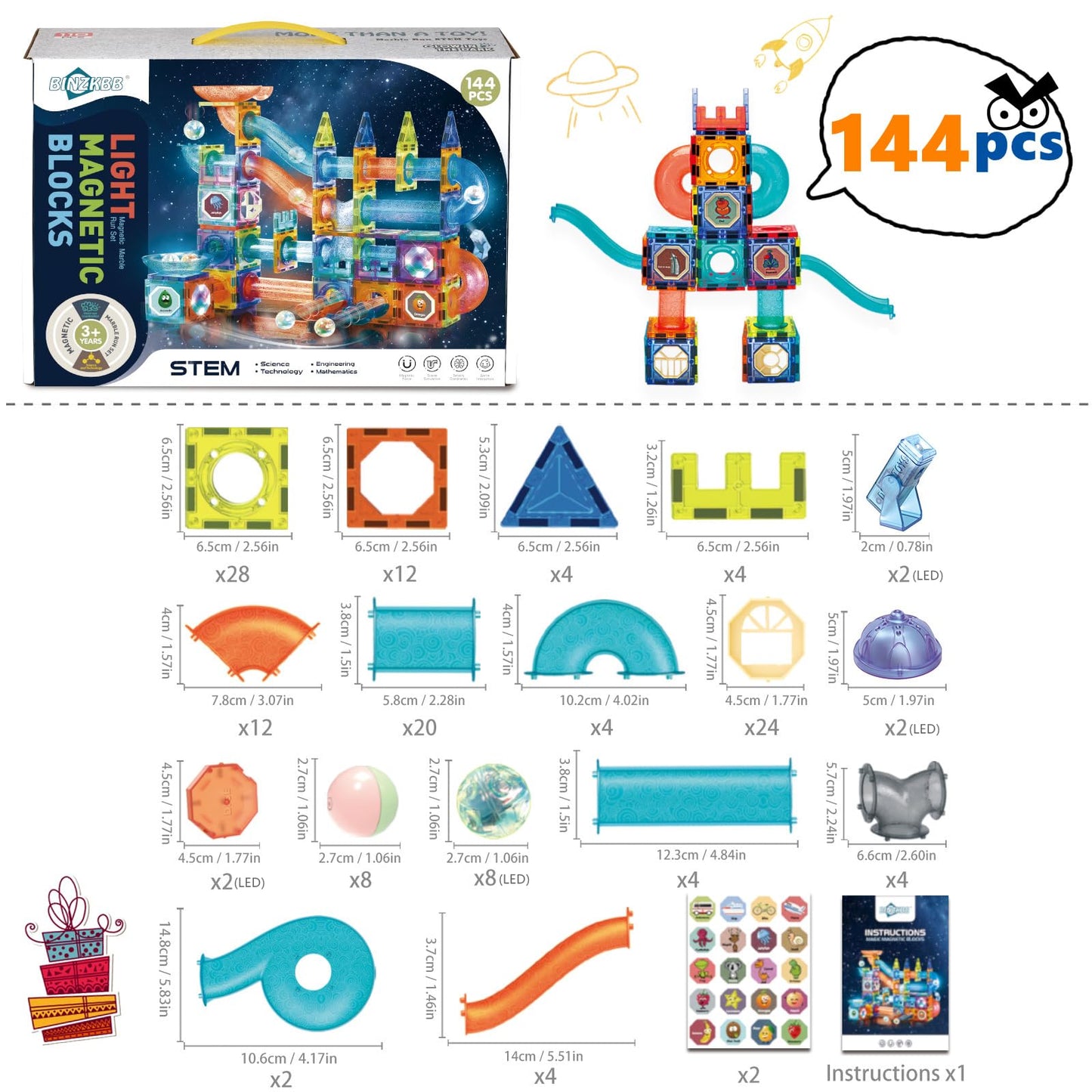 BINZKBB Magnetic Tiles: 144-Piece Marble Run LED STEM Set for Kids 5–12
