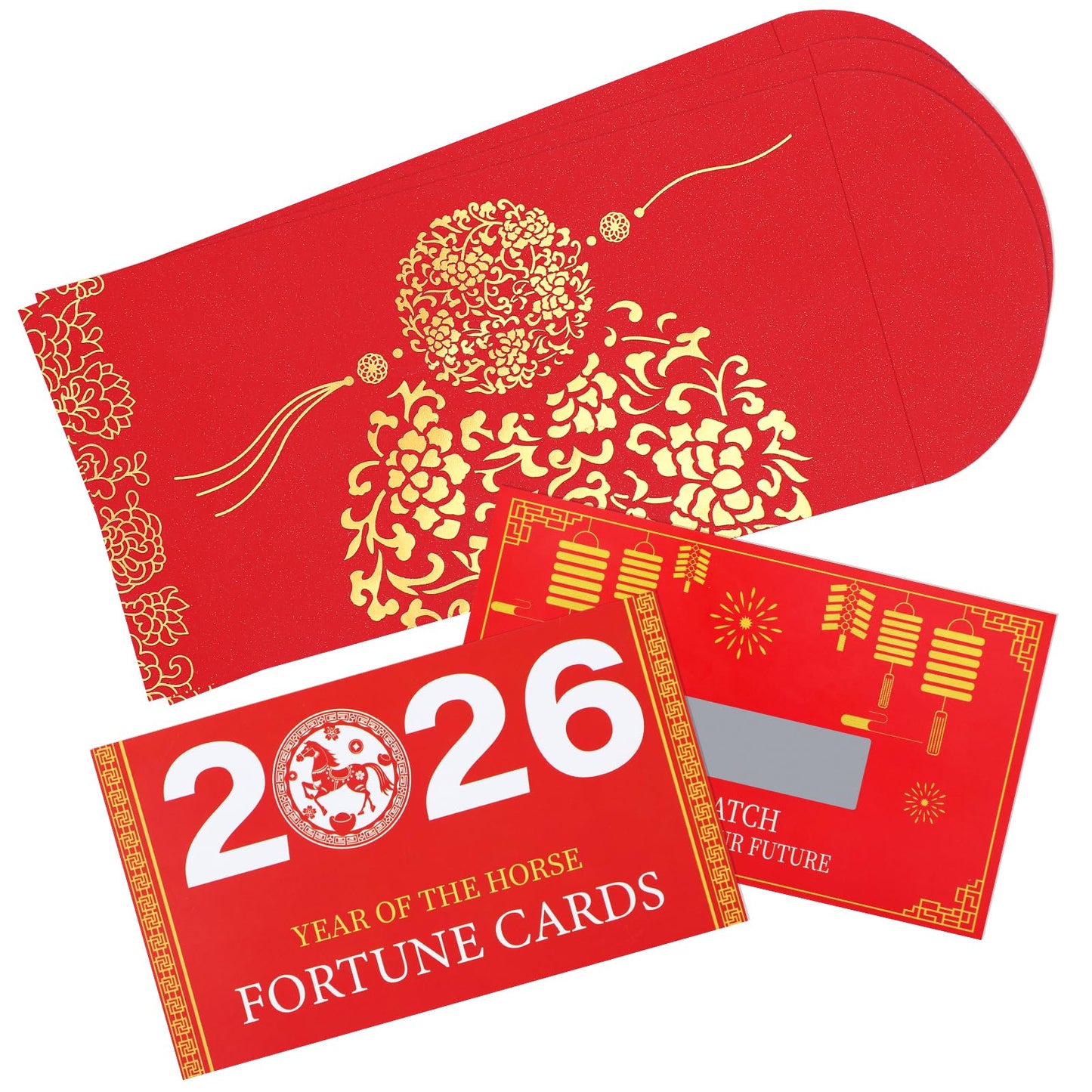 Biubee 25Pcs Chinese New Year Scratch Off Fortune Cards with Red Envelopes – 2026 Year of the Horse