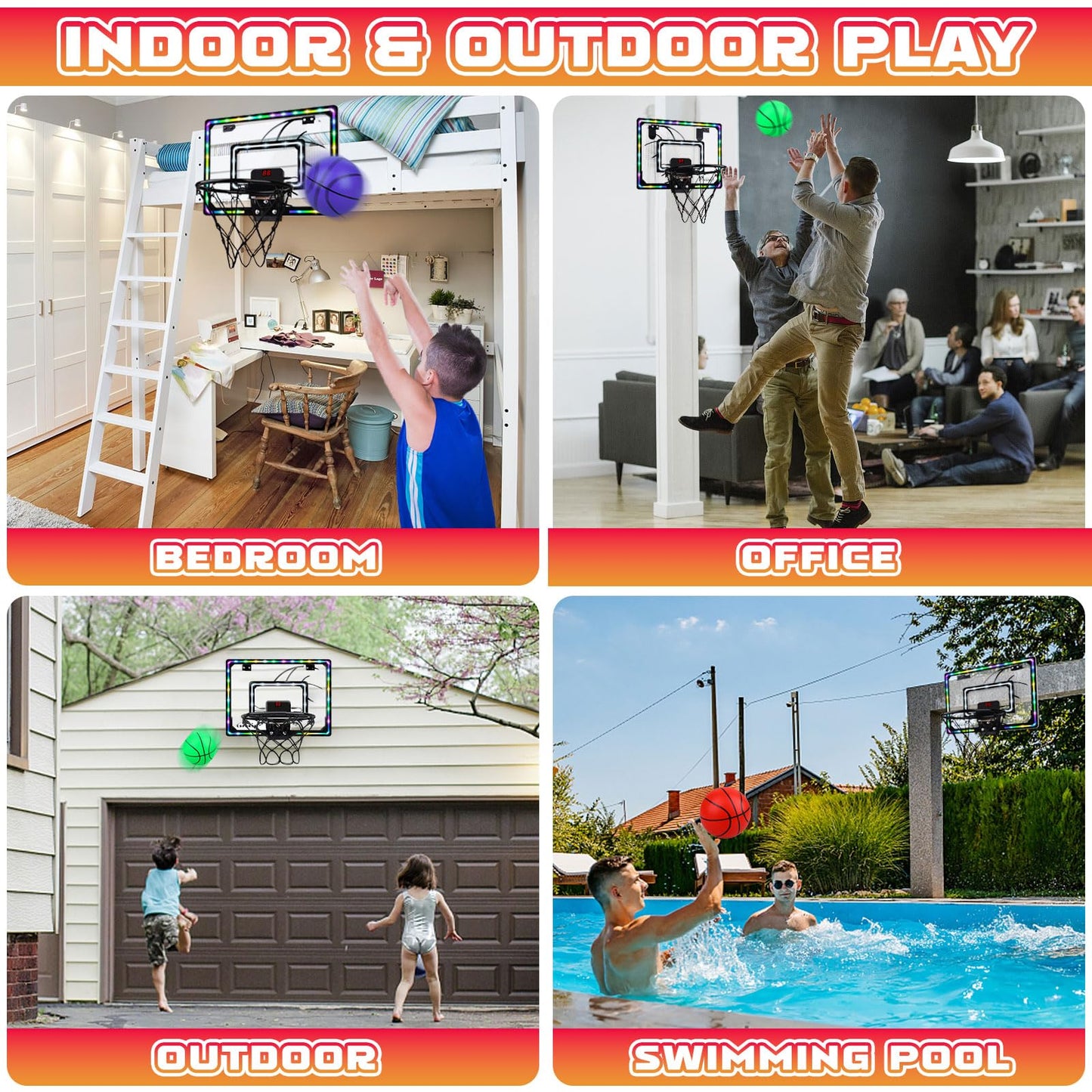 Biulotter Indoor Basketball Hoop for Kids – LED Lights, Scoreboard, 3 Balls, Over-the-Door