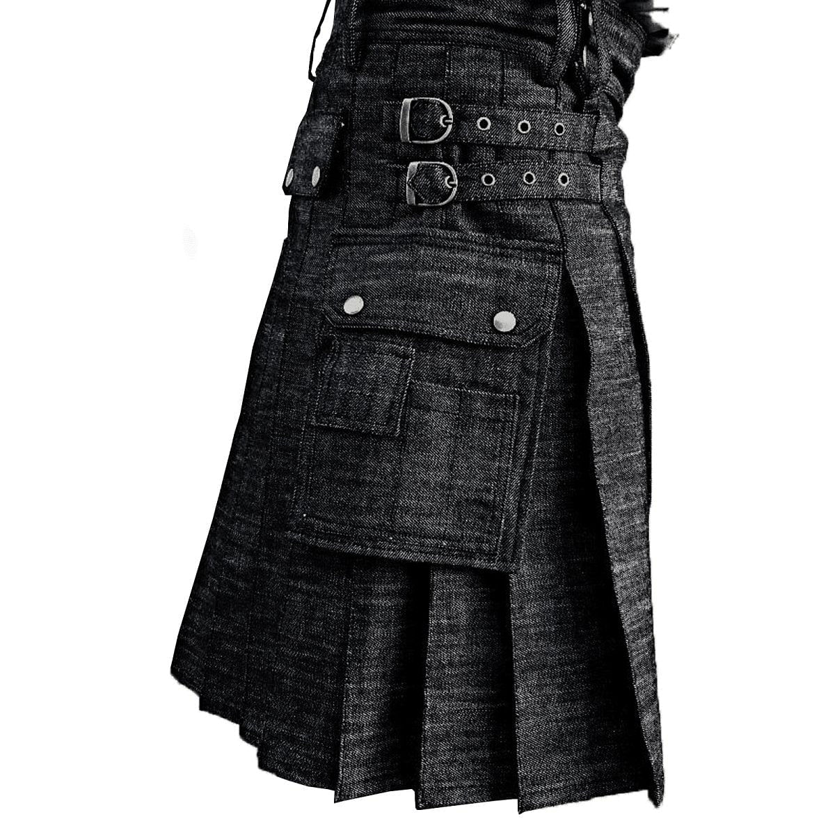 Black Denim Utility Kilt Flap Pockets Pleats deep sewn Double Stitching