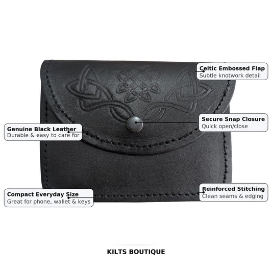 Kilts Boutique Black Leather Celtic Embossed Belt Pouch – Highland Piper Kilt Sporran/Pouch with Snap Closure & Rear Belt Loops – Fits Standard 2.25″ Kilt Belt