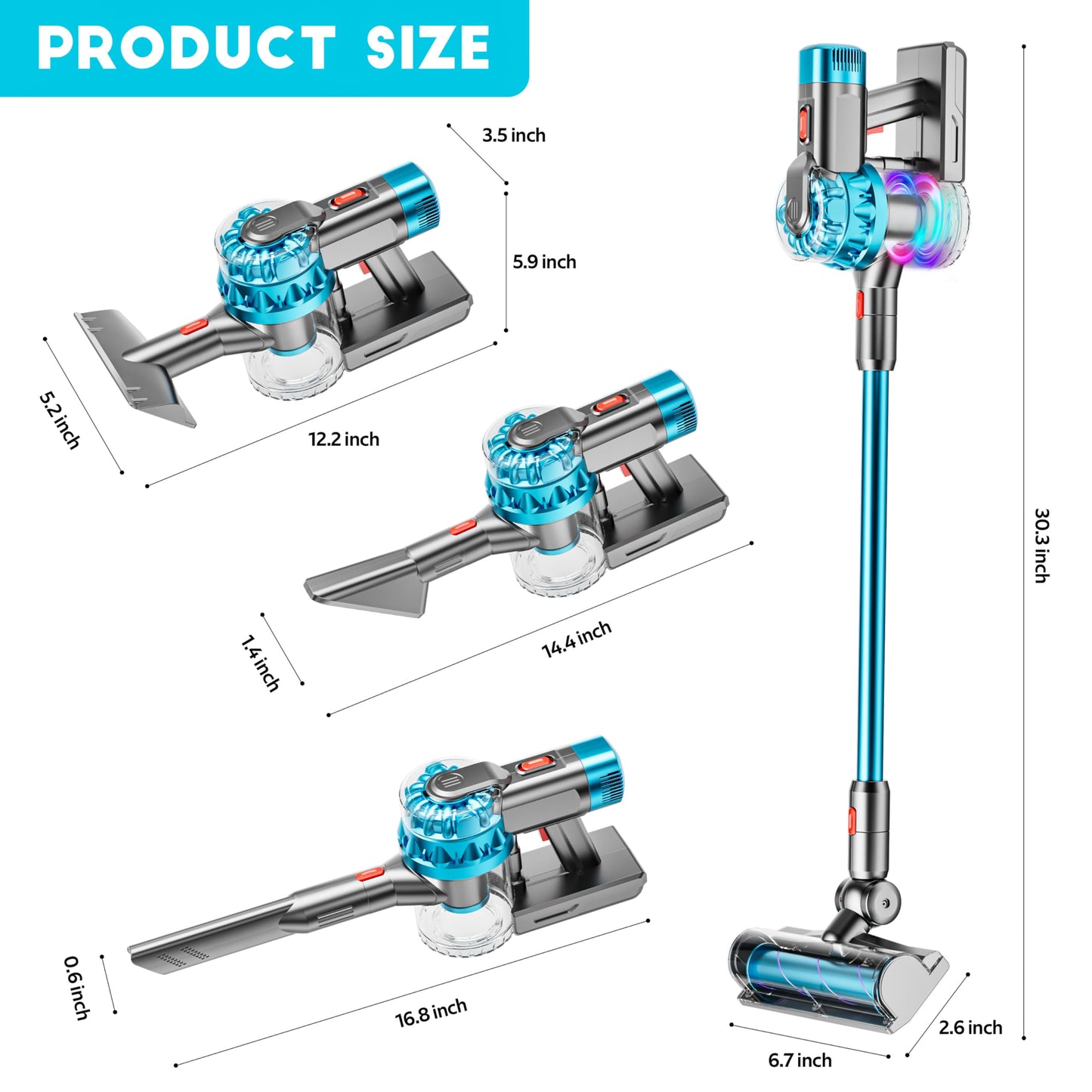 BLAXTEM 4-in-1 Kids Toy Vacuum with Real Suction – Auto & Manual Modes, 4 Cleaning Heads, Cyan