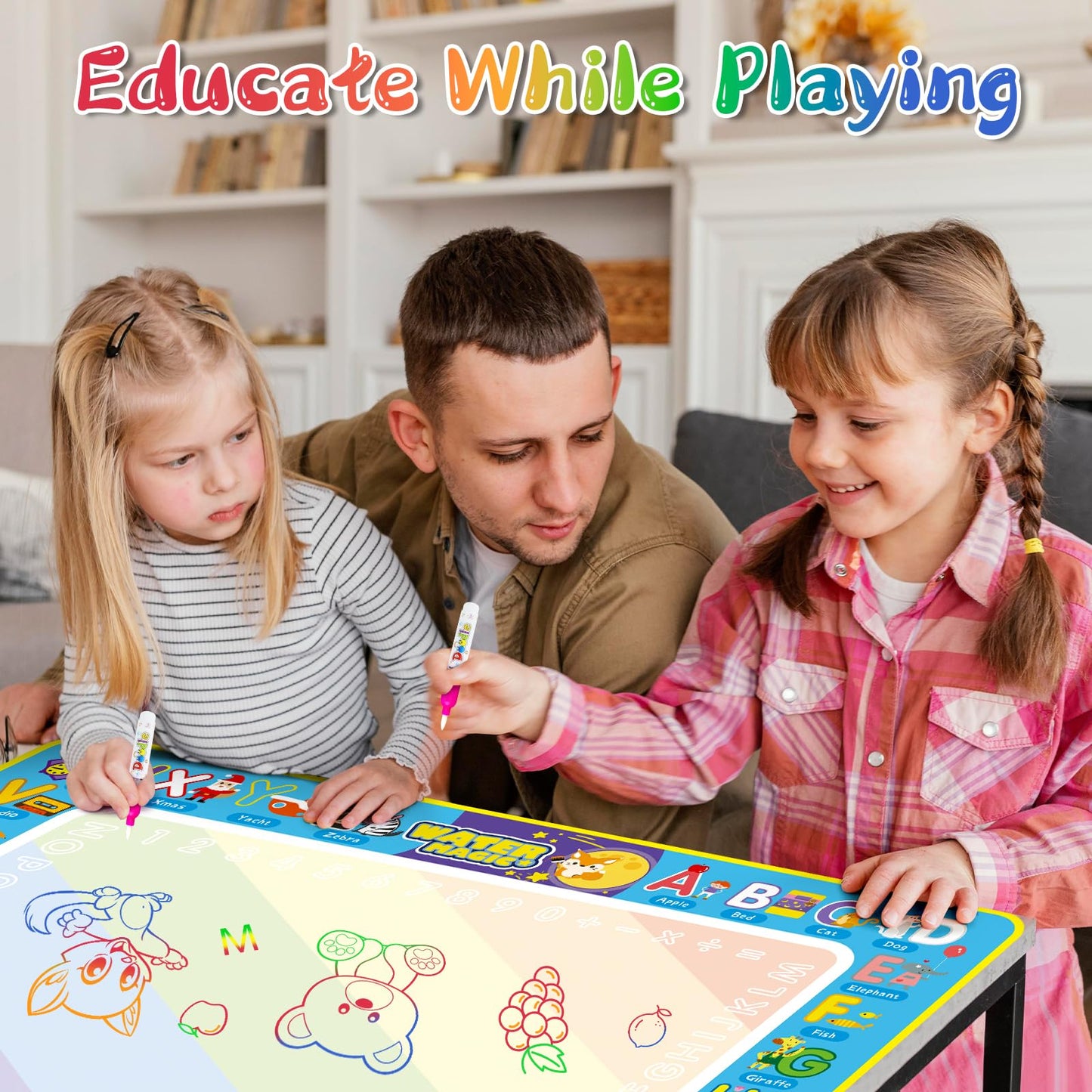 BlissfulBlend Water Doodle Mat – Mess-Free Coloring for Kids (31x24 in) with Magic Pens