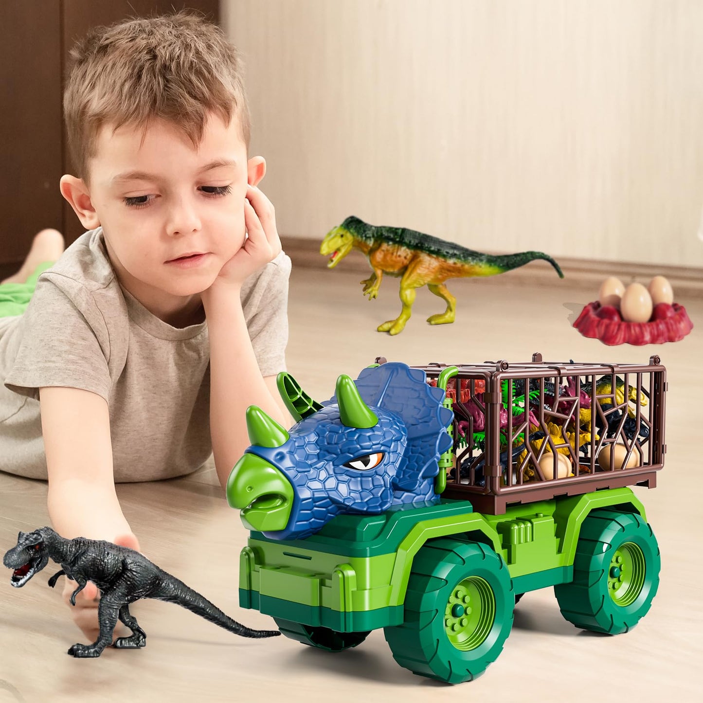 BLmukce Dinosaur Transport Truck Set with 8 Figures & Play Mat (3-5 yrs)