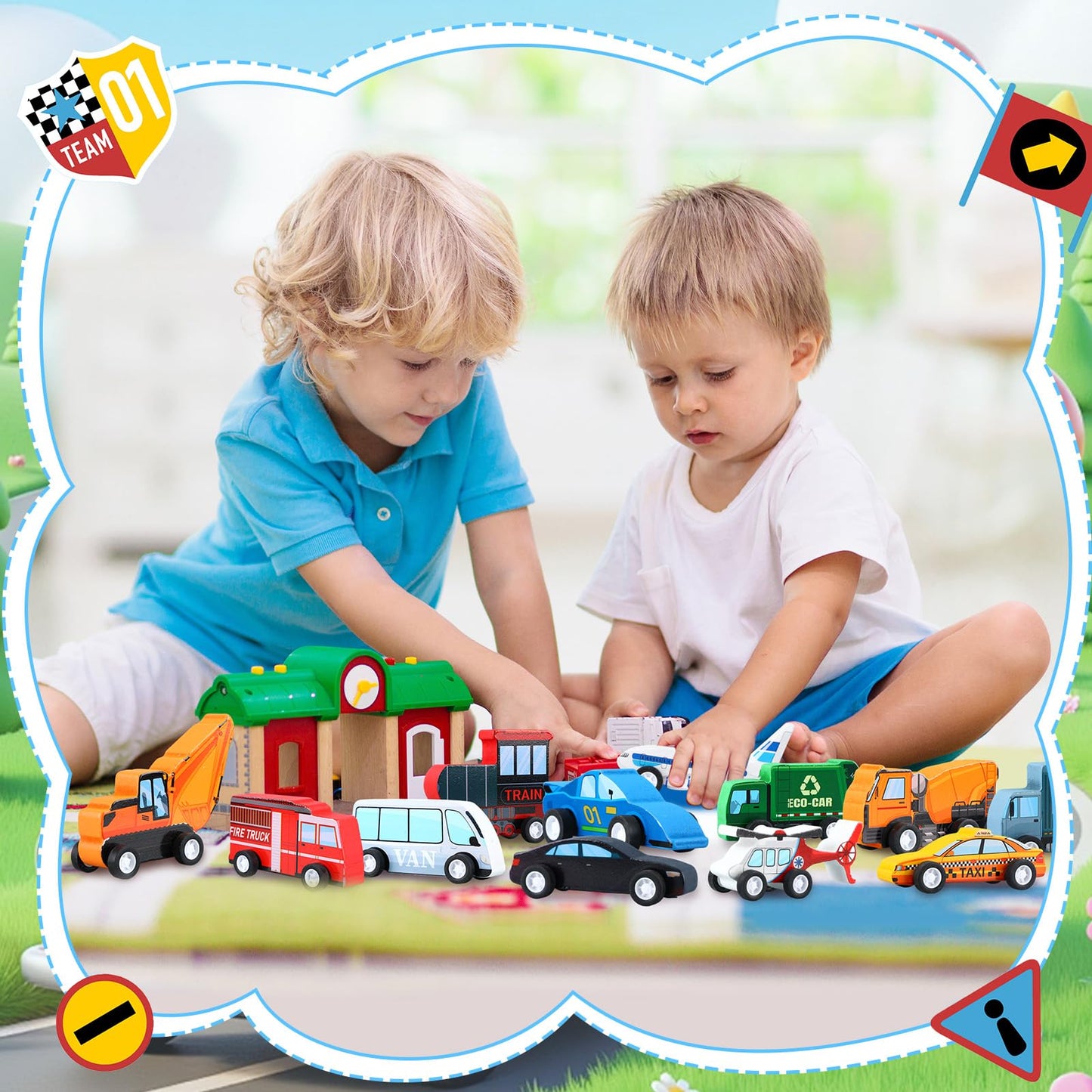 Blosssound 20-Piece Wooden Car Set for Toddlers – Community Helpers Vehicles
