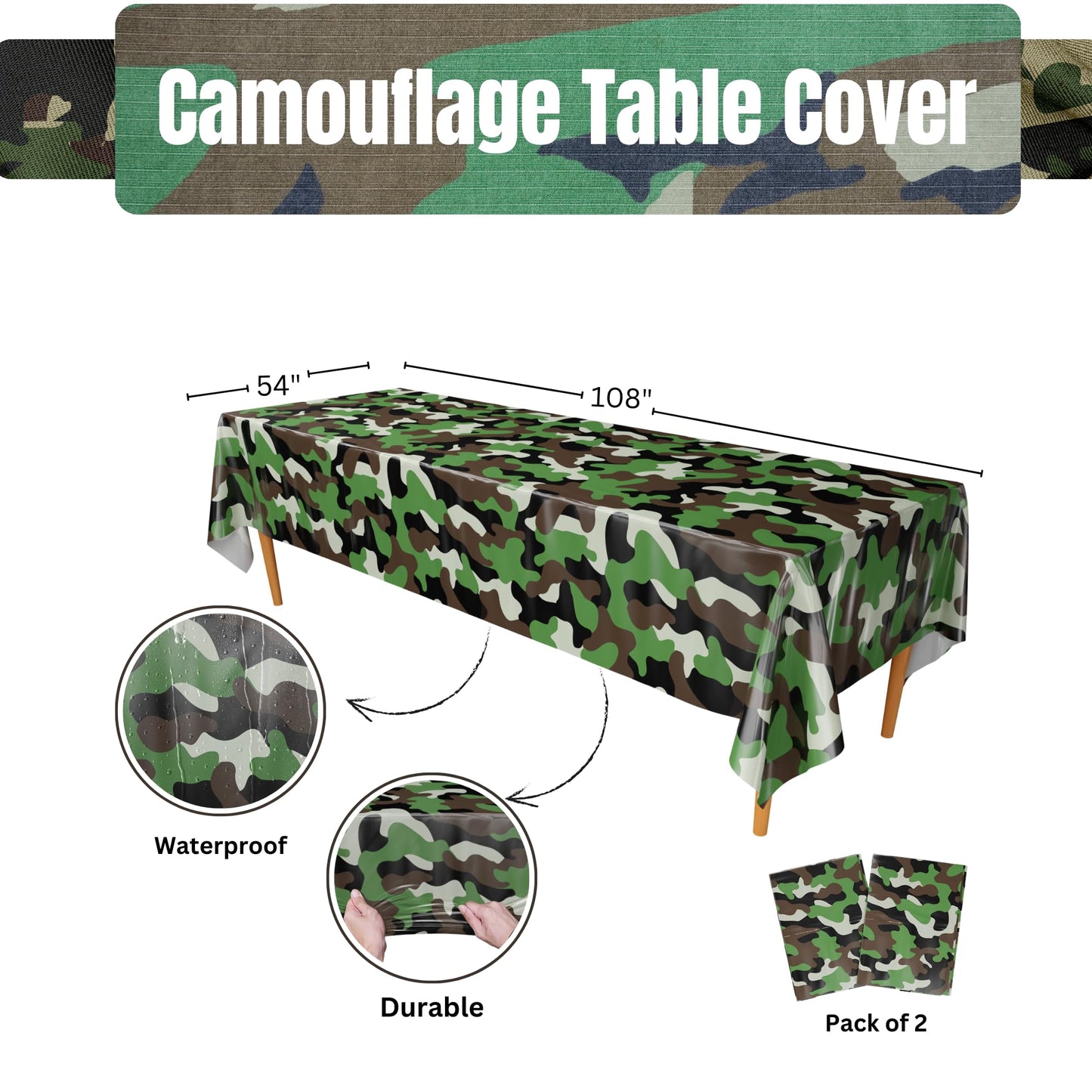 Blue Orchards Camouflage Party Table Covers (2-Pack) - 54x108 XL Army Green Camo Table Cover