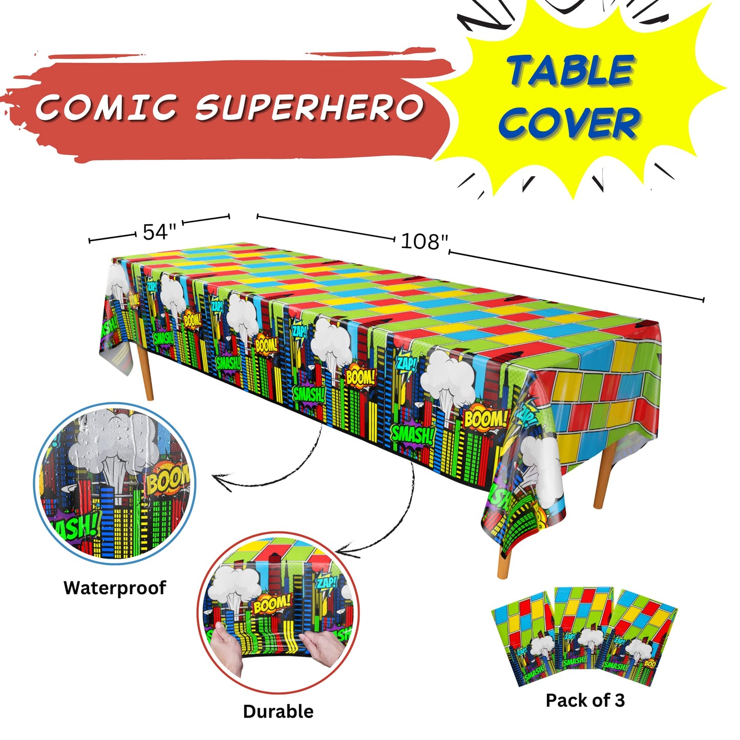 Blue Orchards Comic Superhero Table Covers Pack of 3 | 108x54 XL Party Decor