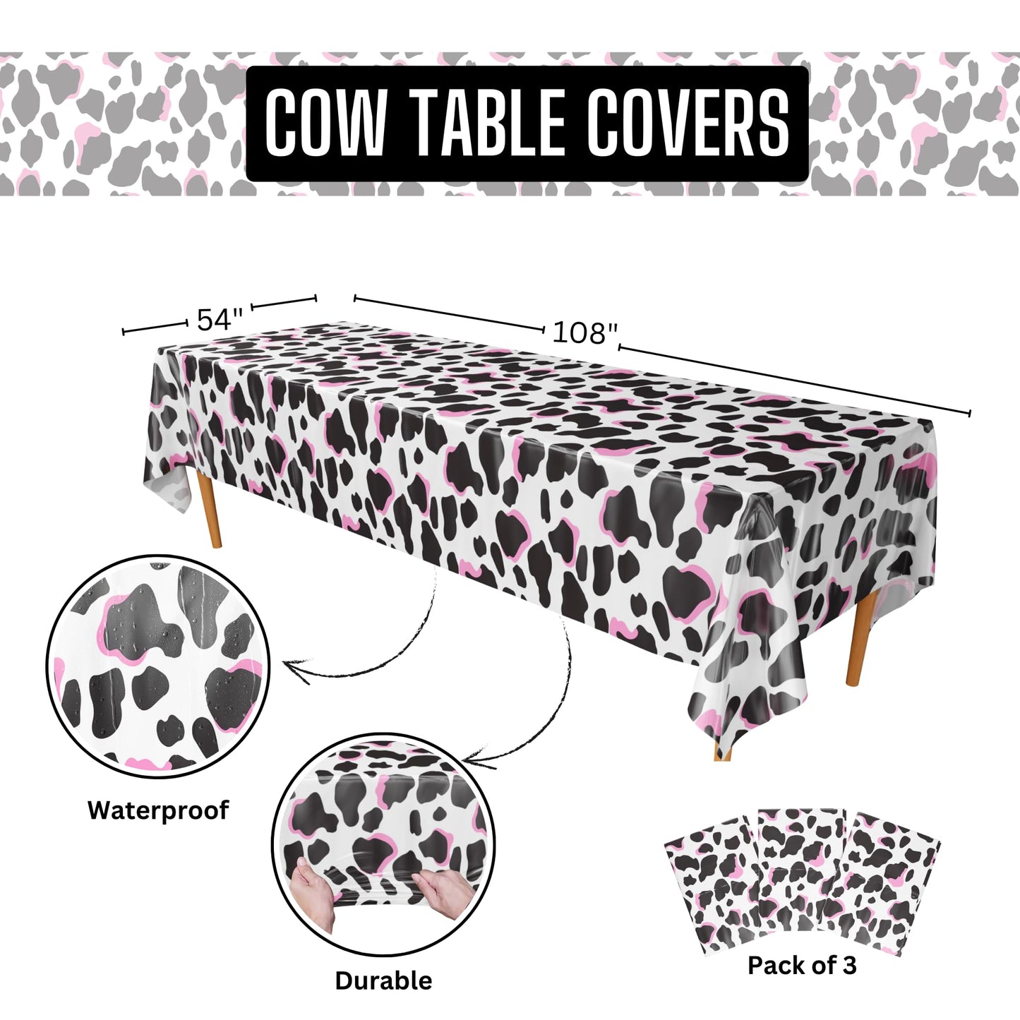 Blue Orchards Cow Print Table Covers (3-Pack) – 54x108 XL Farm Party Decor