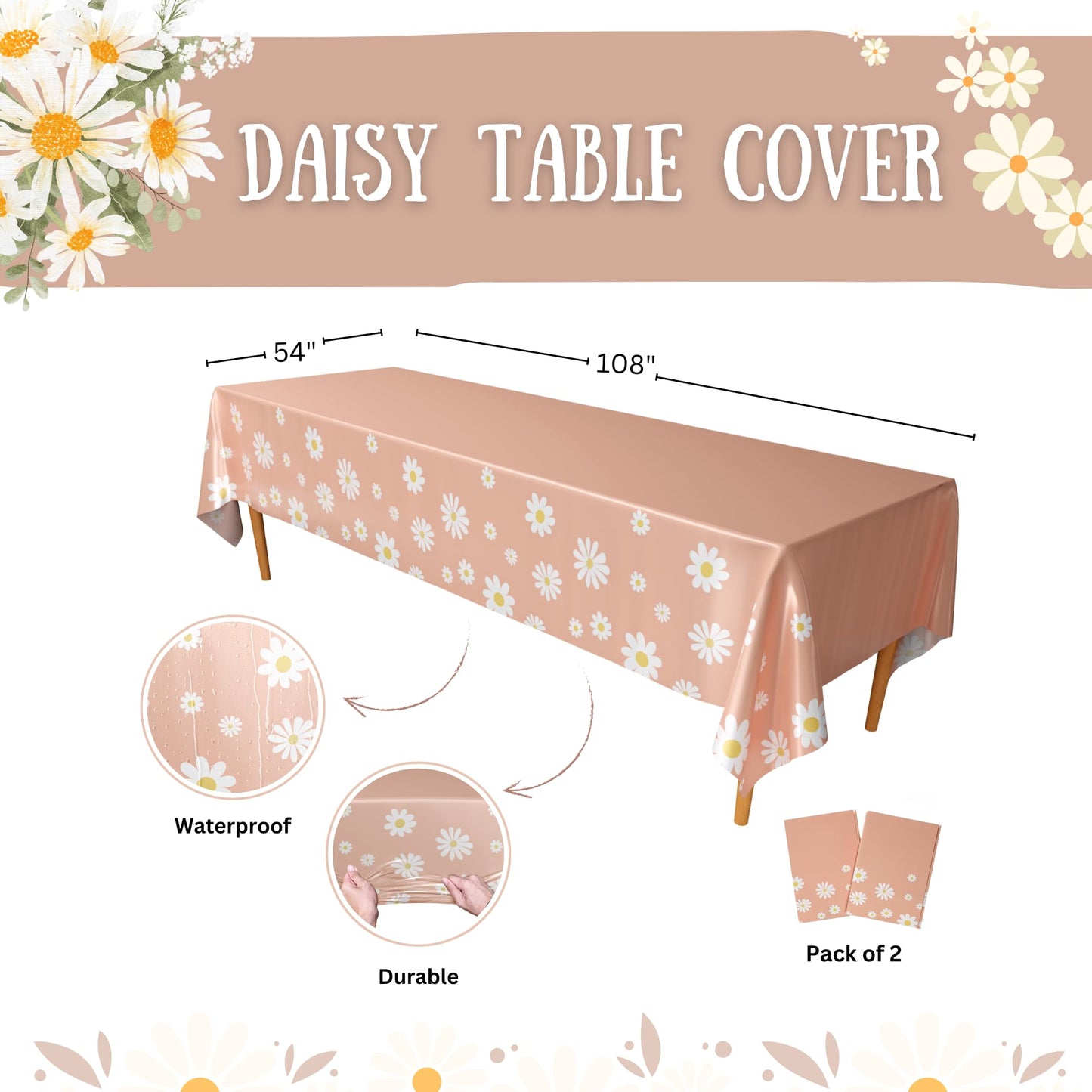 Blue Orchards Daisy Table Cover (Pack of 2) - 108x54 XL Boho Floral Decor