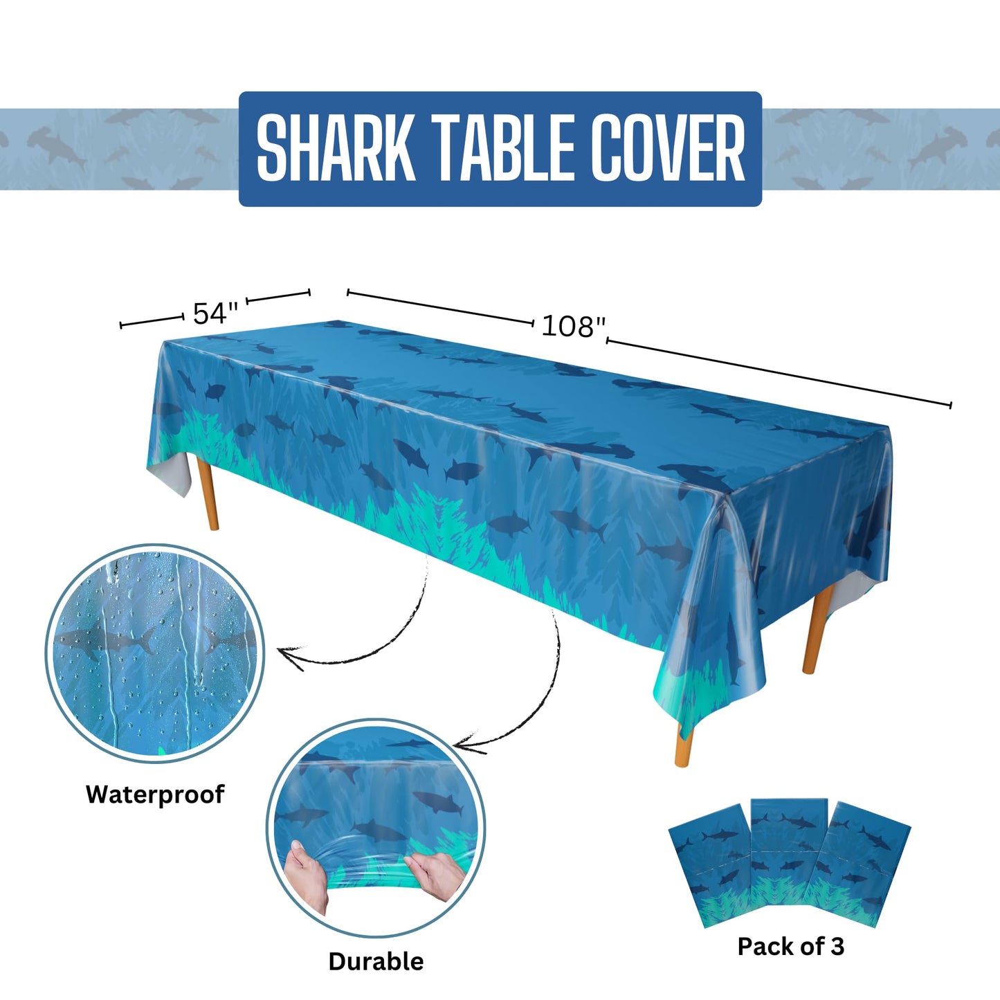 Blue Orchards Shark Table Covers (Pack of 3) – 54 by 108 inches XL Plastic Tablecloths