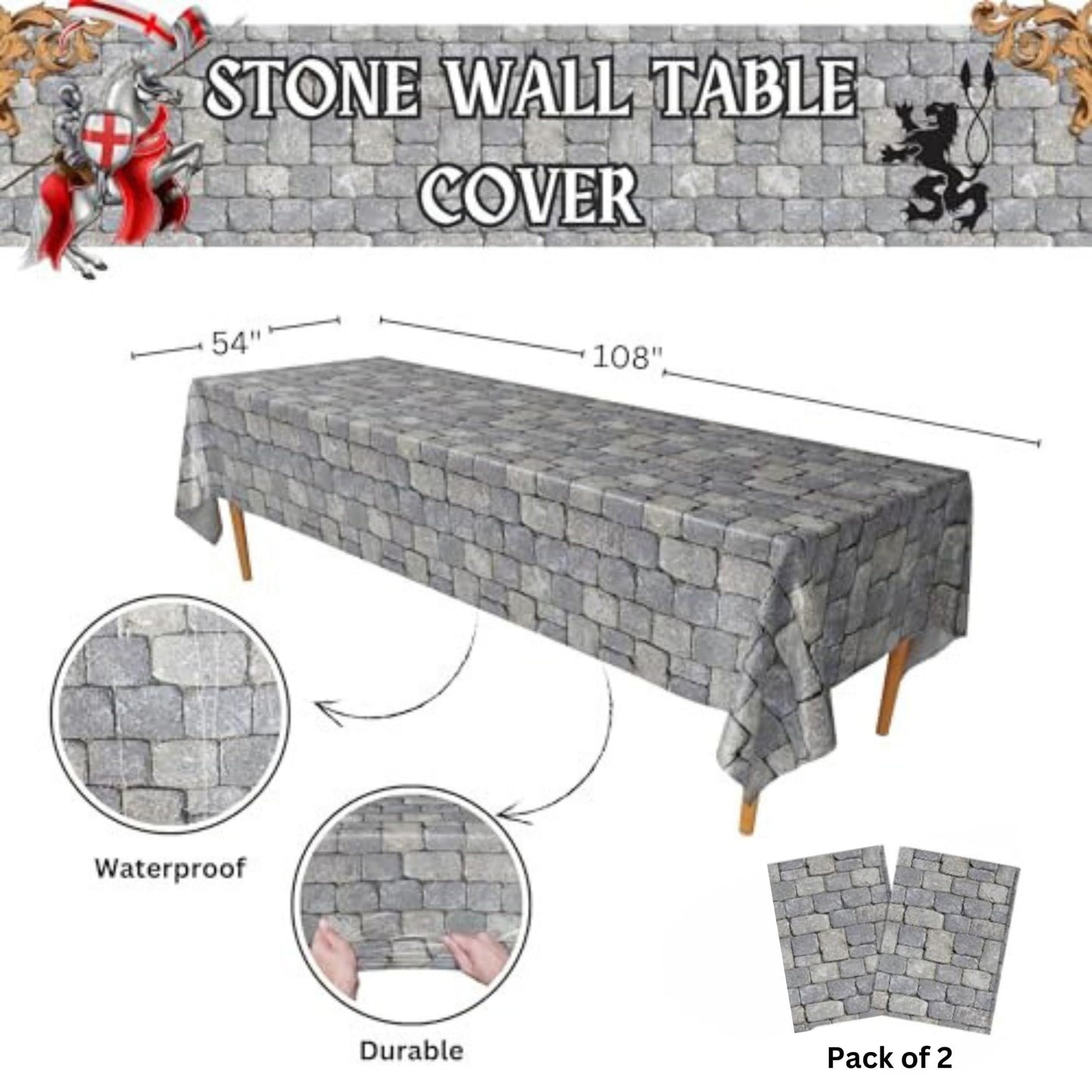 Blue Orchards Stone Wall Table Covers (2-Pack) – 54x108 XL Medieval Knight Party Decor