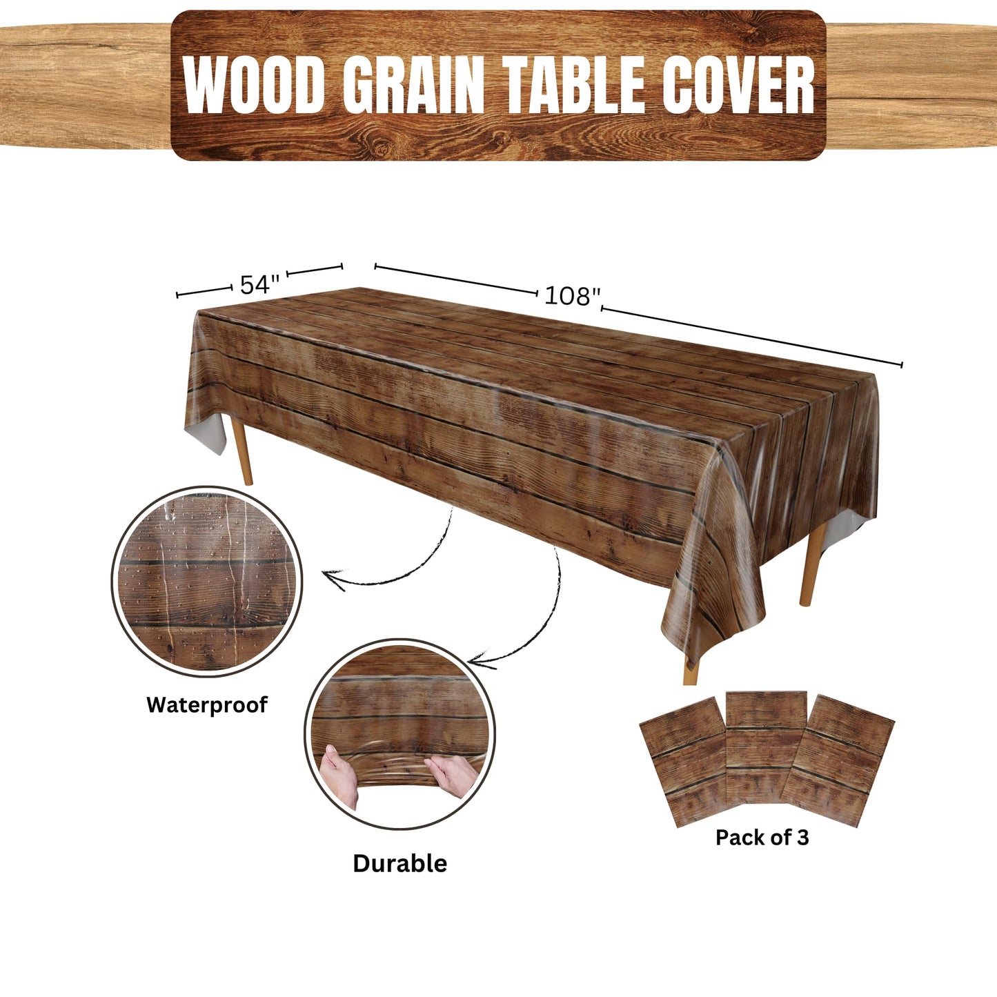 Blue Orchards Wood Grain Table Cover (Pack of 3) - 54x108 XL Rectangle, Western Rustic Party Decor
