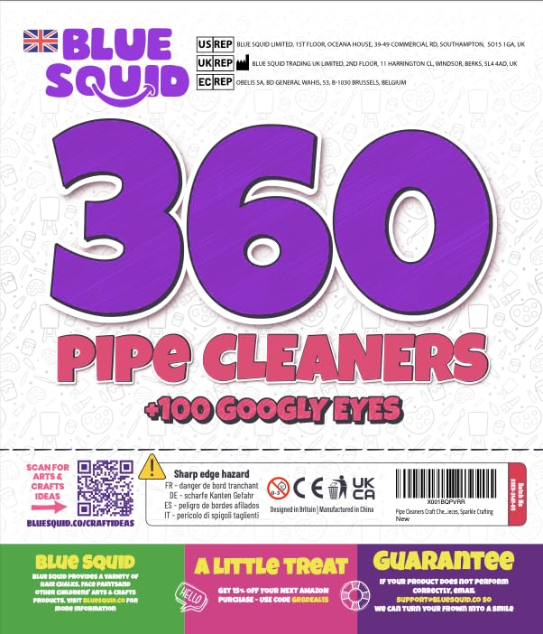 Blue Squid Chenille Stems Pipe Cleaners – 460-Piece Craft Pack with 360 Large Stems & 100 Googly Eyes