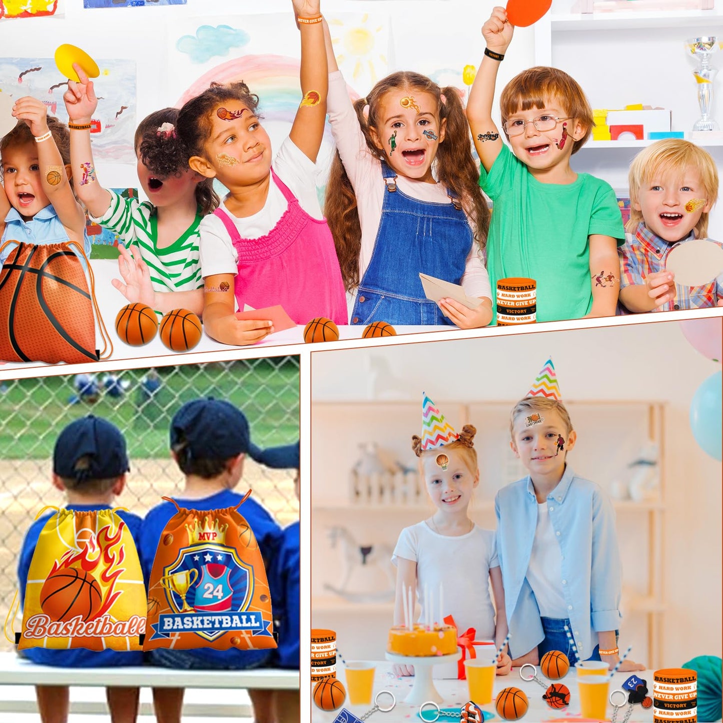 Bluegogo 60Pcs Basketball Party Favors – Drawstring Bags, Mini Basketballs, Keychains & Bracelets