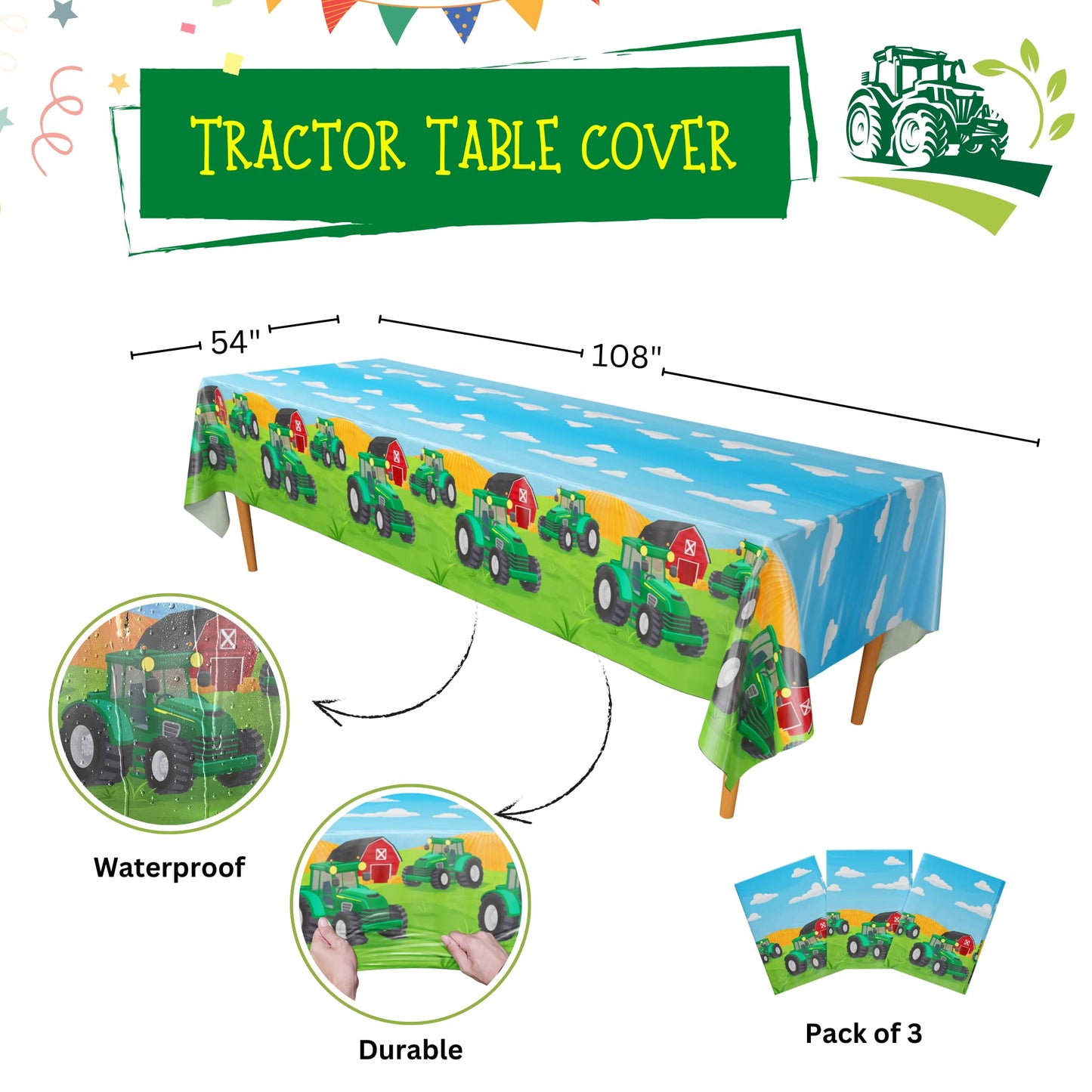 Blue Orchards Tractor Table Covers (Pack of 3) – 54x108 in XL | Farm Party Decor