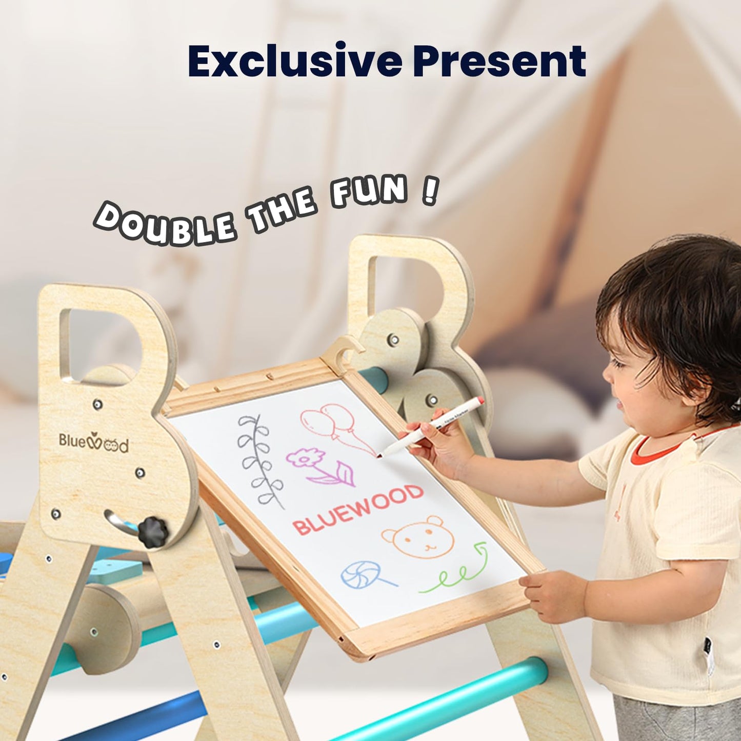 BlueWood Pikler Triangle Set with Cushion — 8-in-1 Foldable Montessori Climber for 2–6 Years